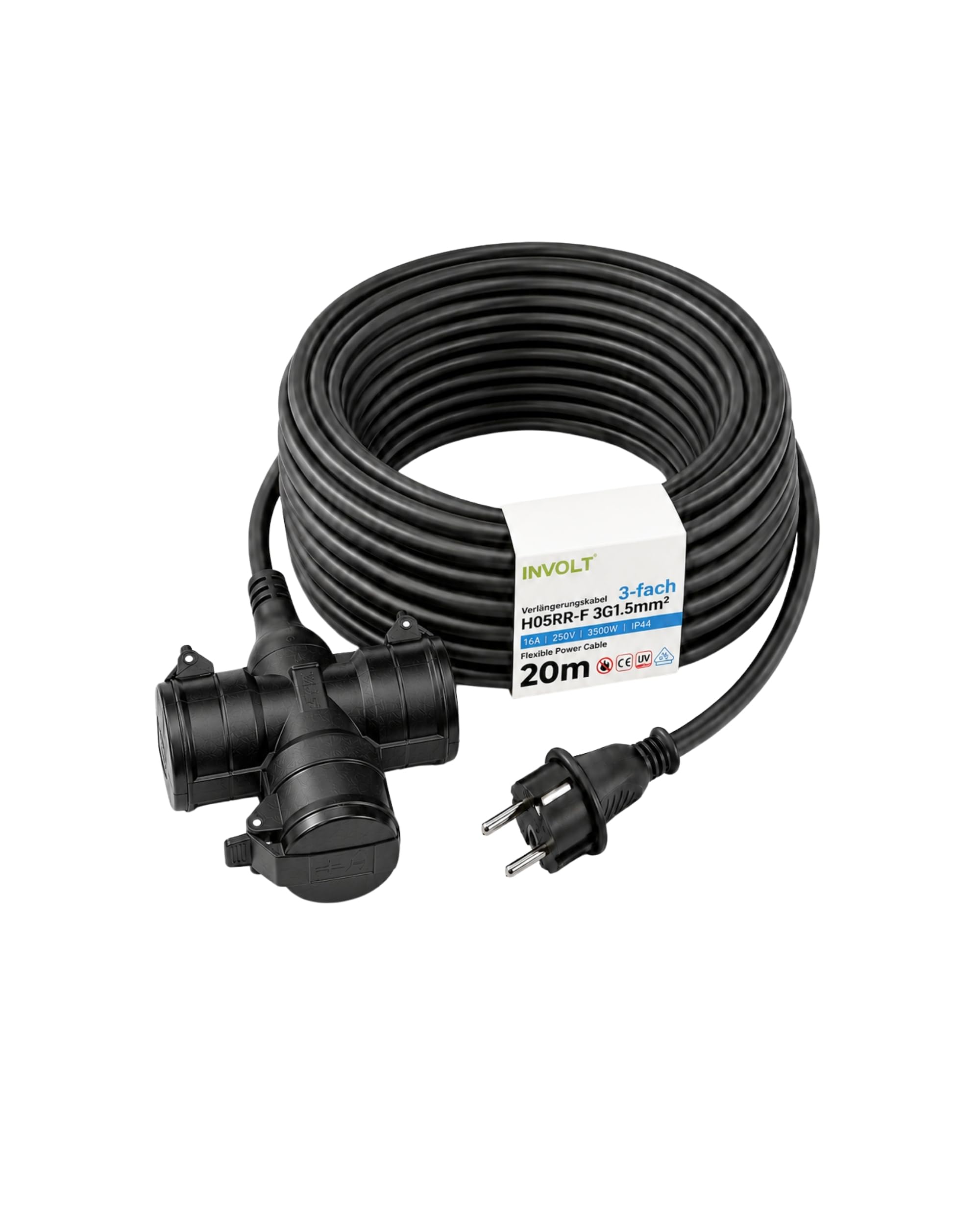INVOLT 20 m przedłużacz z 3 gniazdami Schuko, do użytku na zewnątrz, IP44 H05RR-F 3G, 1,5 mm², czarny, gumowy przewód do ogrodu, na plac budowy, do warsztatu