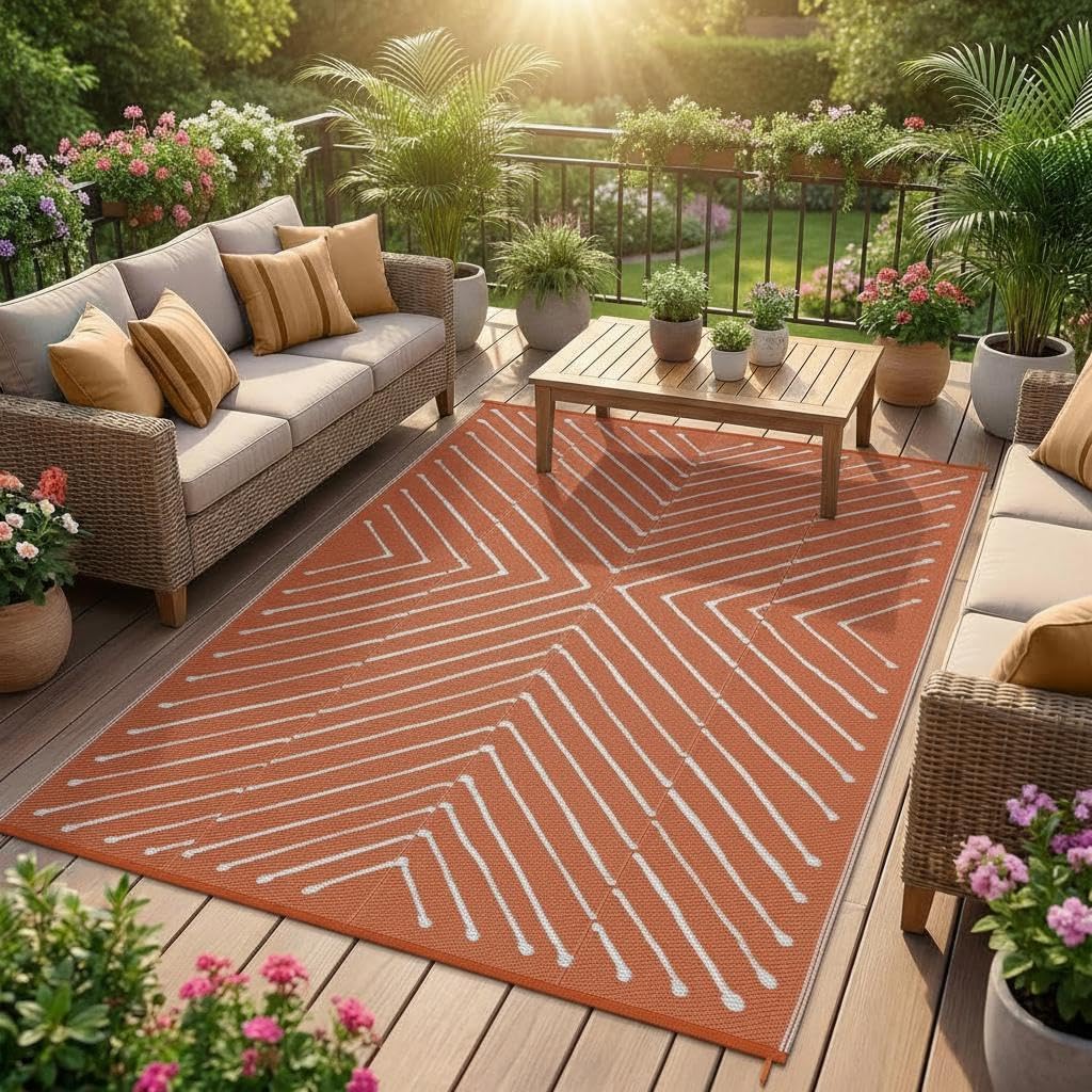 Garvee 5x8 Striped Outdoor Waterproof Rug - Reversible Modern Striped Plastic Straw Patio Mat, Portable RV Camping Rug for Picnic, Beach, Balcony, Deck - UV Protected & Easy to Clean, Orange&White.