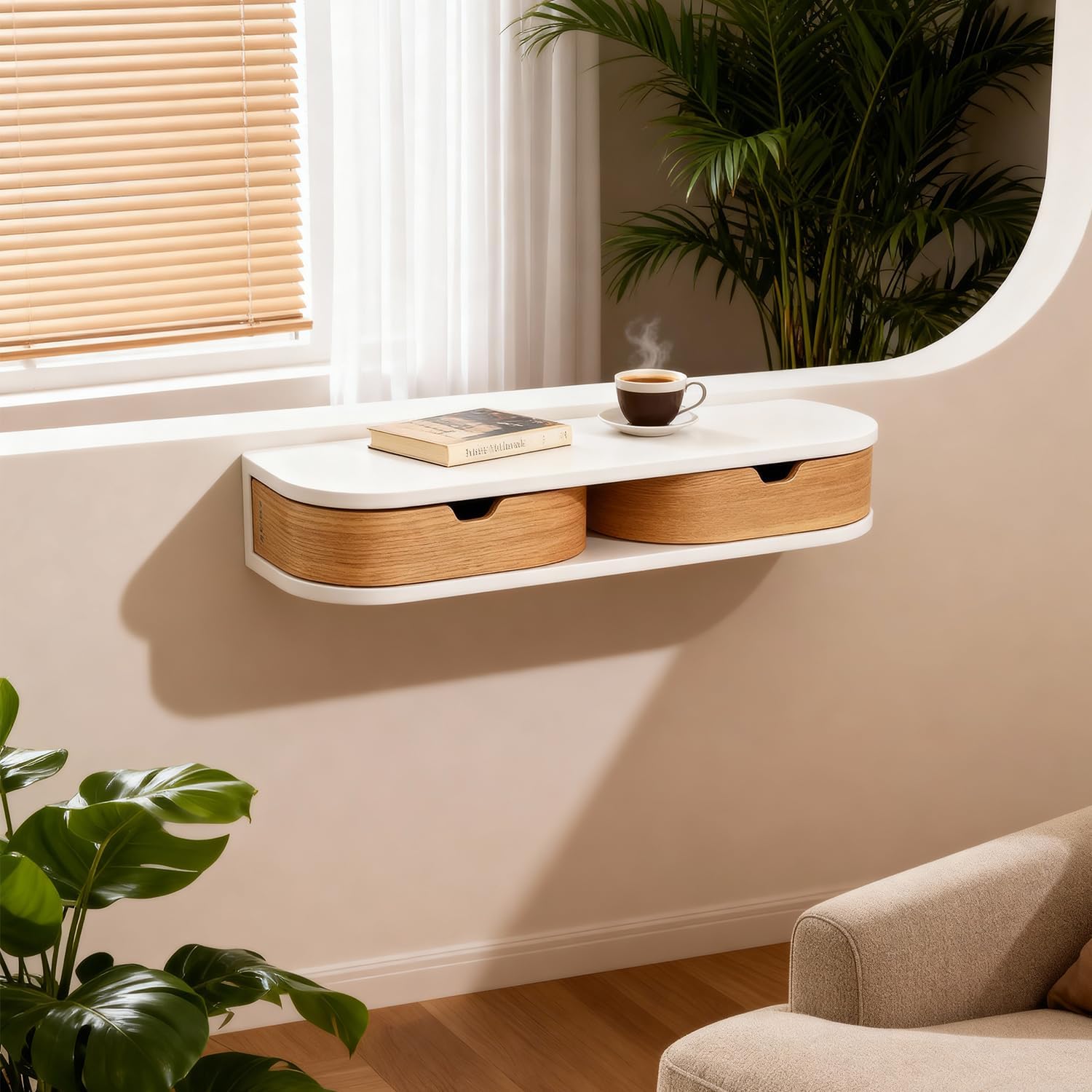 Floating Nightstand, 21 Inch Wall Mounted Bedside Shelf, Handmade Bedroom Furniture,Pine Wood Bedside Table, Nightstand with Drawer (White, Double Drawers)