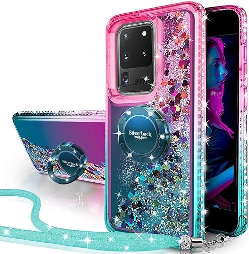 Silverback Funda para Samsung Galaxy S20 Ultra, funda delgada con purpurina holográfica líquida en movimiento con soporte, para niñas y mujeres,