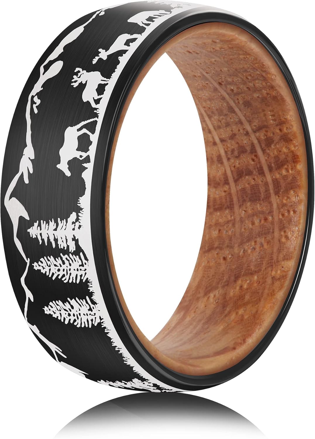 Forest Rings for Men 8 mm Black Plated Wedding Band with Wood Liner Comfort Fit