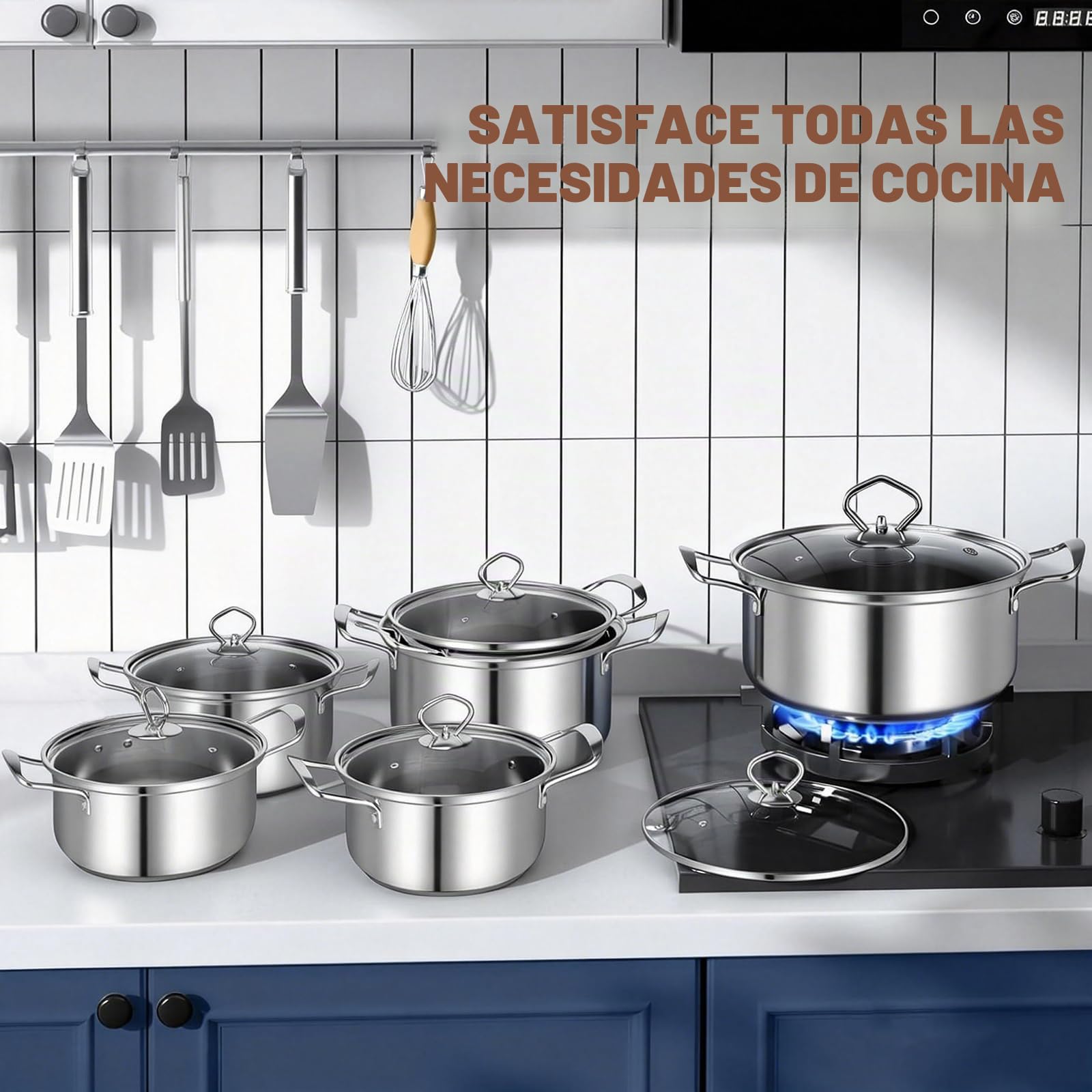 Bateria de Cocina Induccion, Juego de Ollas Inducción 10 Piezas, Set de Ollas de Acero Inoxidable con Tapas de Vidrio y Cazo, Aptas para Todo Tipo de Cocinas, Sin Recubrimiento