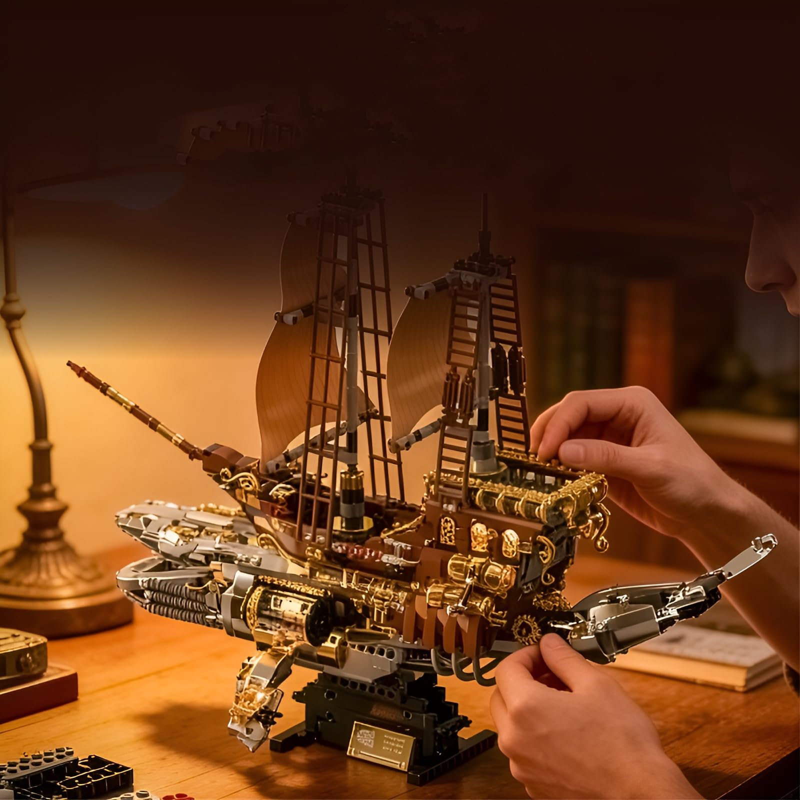 Steampunk Luftschiff Bausteine Bausatz – 1979Stk Walförmiges Fantasie Flugschiff mit Segeln Spielzeug, Retro Piratenschiff Klemmbausteine, Mechanische Geschenke Erwachsene & Hobbyisten Heim Büro Deko