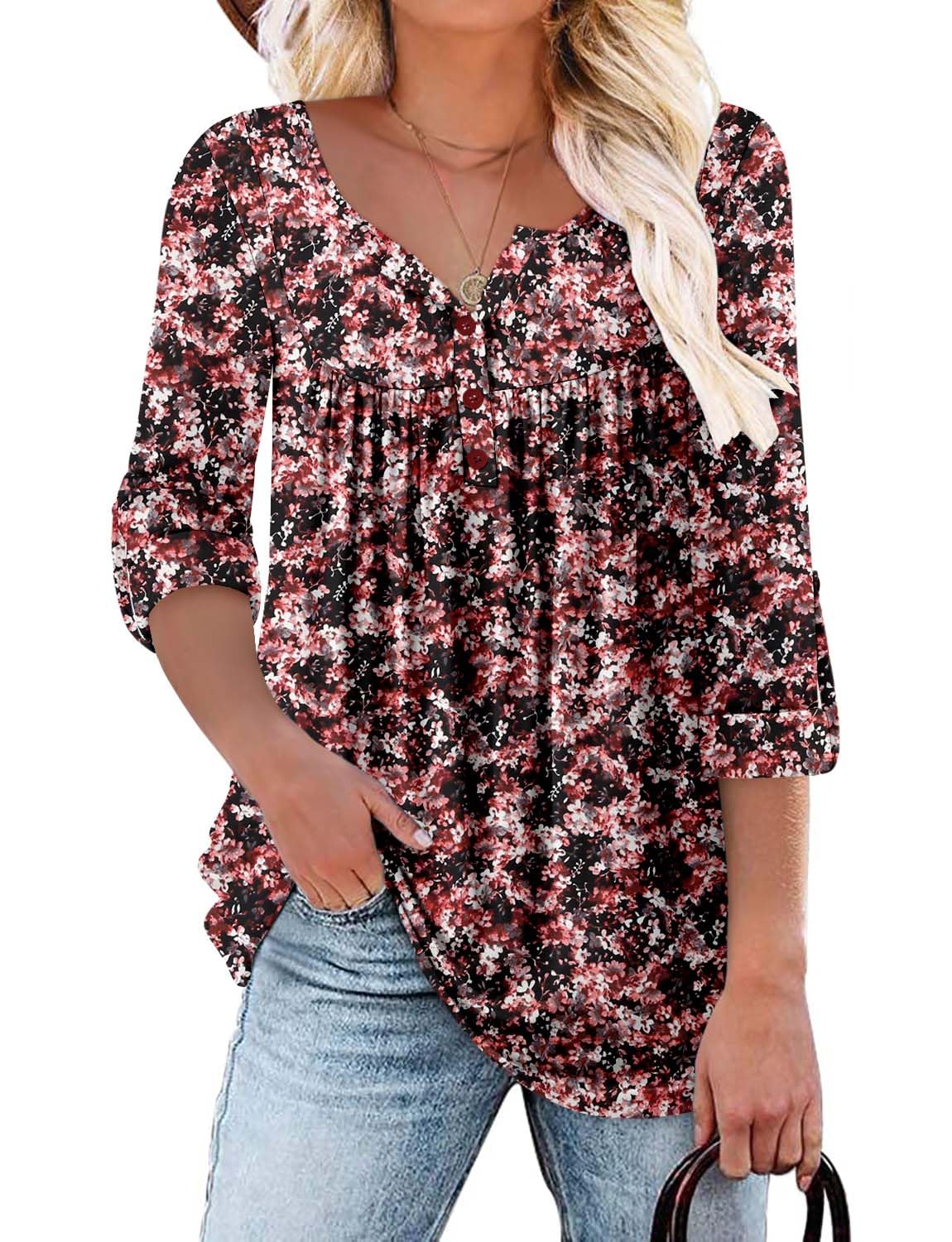 onlypuff Womens V Neck Tops Long Sleeve Tunic Tops Buttons Up Shirts Blouse for Leggings