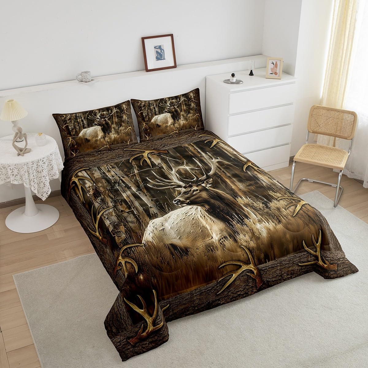 Erosebridal Rustic Deer Comforter Set for Cabin Lodge Vintage Elk Moose Antlers Bedding Set King Size Farmhouse Woodland Quilt Hunting Animal Duvet Insert with 2 Pillowcases Home Room Decor