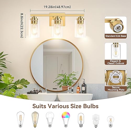 Miniatura 8 de Lámparas de baño de 3 luces, 19 pulgadas, modernas luces de tocador sobre espejo con pantallas de vidrio transparente, accesorio de luz dorada,