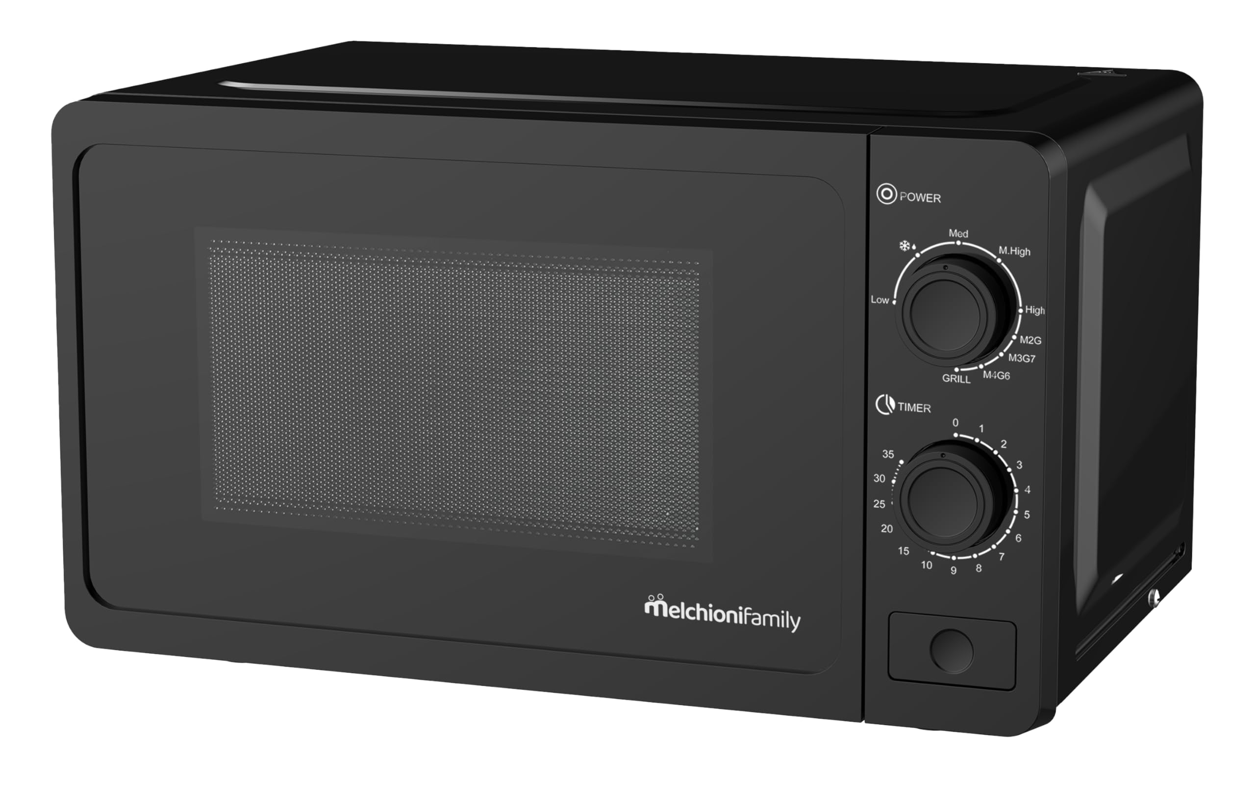 Melchioni Family Mikrofalówka 20 l z grillem - Fala - 800 W - Wymiary 46 x 32 x 26 cm - Timer 1–35 minut, szklany talerz i otwór z przyciskiem - czarna