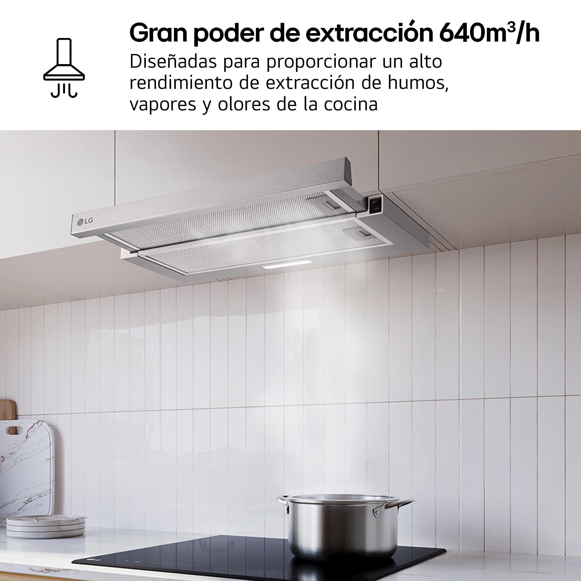 LG HT3Z2413S - Campana Extractora Integrable 60 cm, Extraíble, 600 m³/h, 2 Niveles de Potencia, Filtros Lavables, Color Inox [Clase de eficiencia energética C]