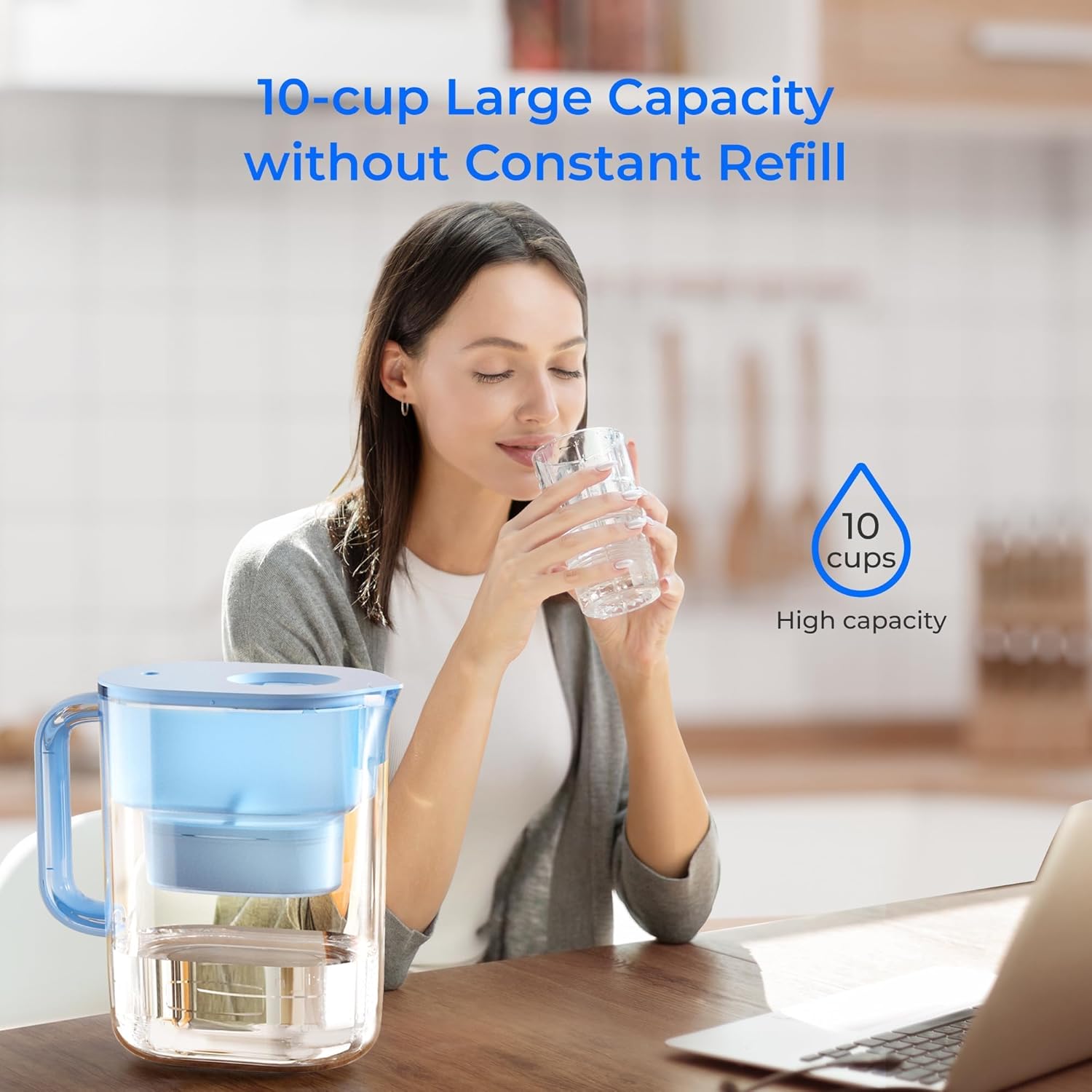 Waterdrop Water Filter Pitcher with 3 Filters, 200-Gallon Long-Life, 10-Cup Large Water Filter Pitcher, Improved Coffee & Tea Taste, NSF Certified, 5X Times Lifetime, Reduces PFOA/PFOS, Chlorine, Blue