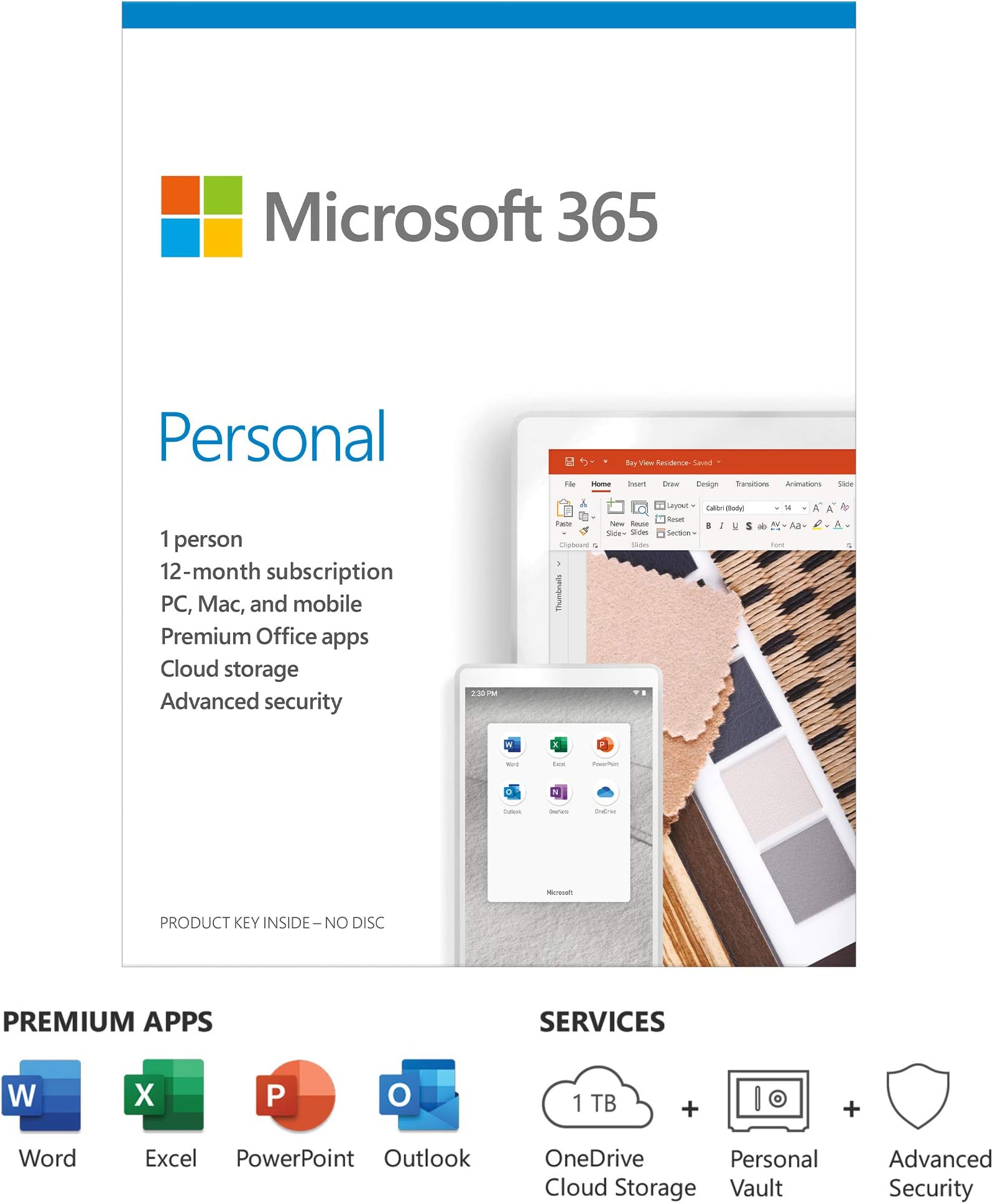 Microsoft 365 Personal | Office 365 apps | 1 user | 1 year subscription | PC/Mac, Tablet and phone | multilingual | box