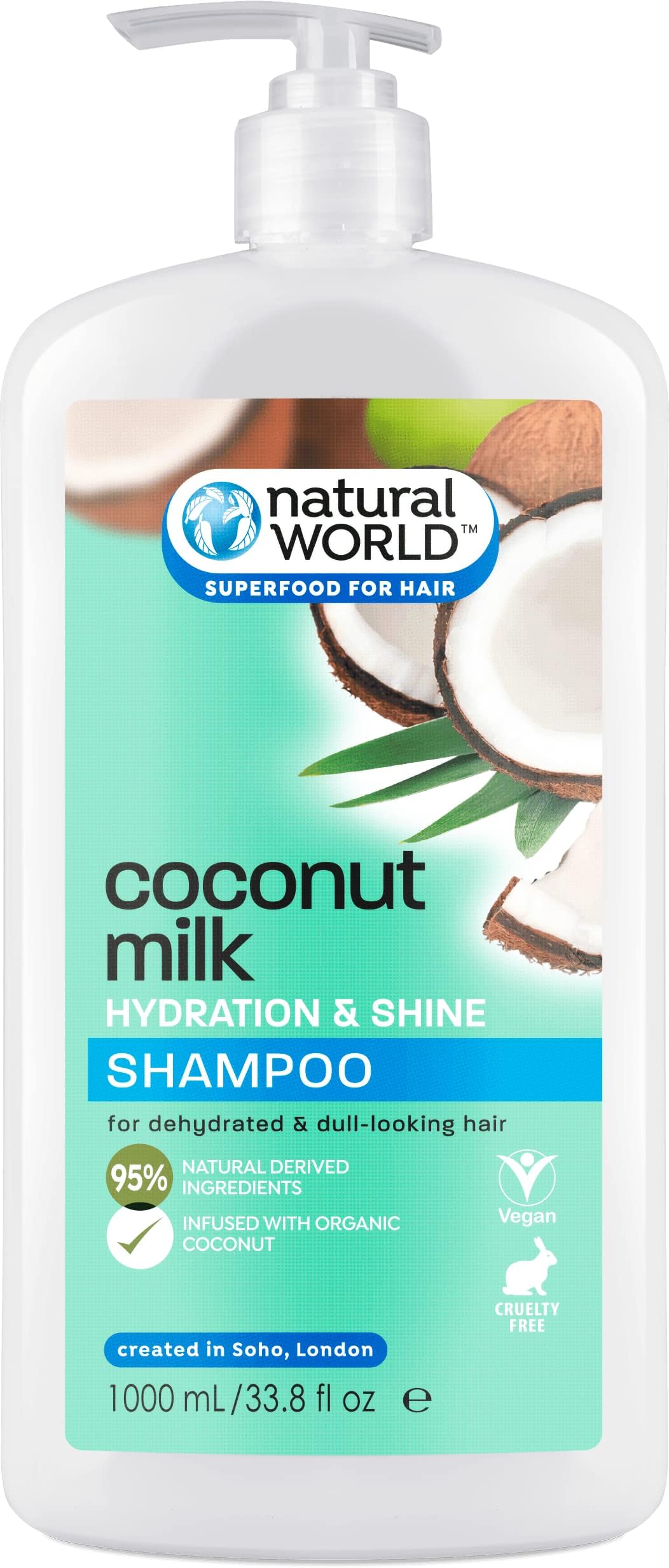 Natural World Coconut Milk Hydration & Shine Shampoo (1 Litre) - For Dehydrated & Dull-Looking Hair. 95% Natural Derived Ingredients. Vegan Friendly & Cruelty Free