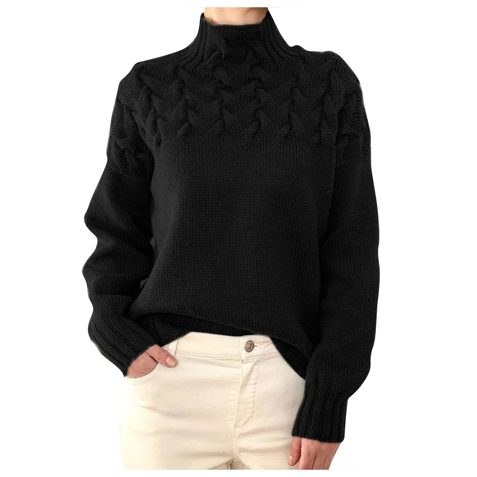 Turtleneck Sweater Women Fall Winter Slouchy Knit Chunky Sweater Fashion Cable Weaving Long Sleeve Pullover Thermal Sweaters