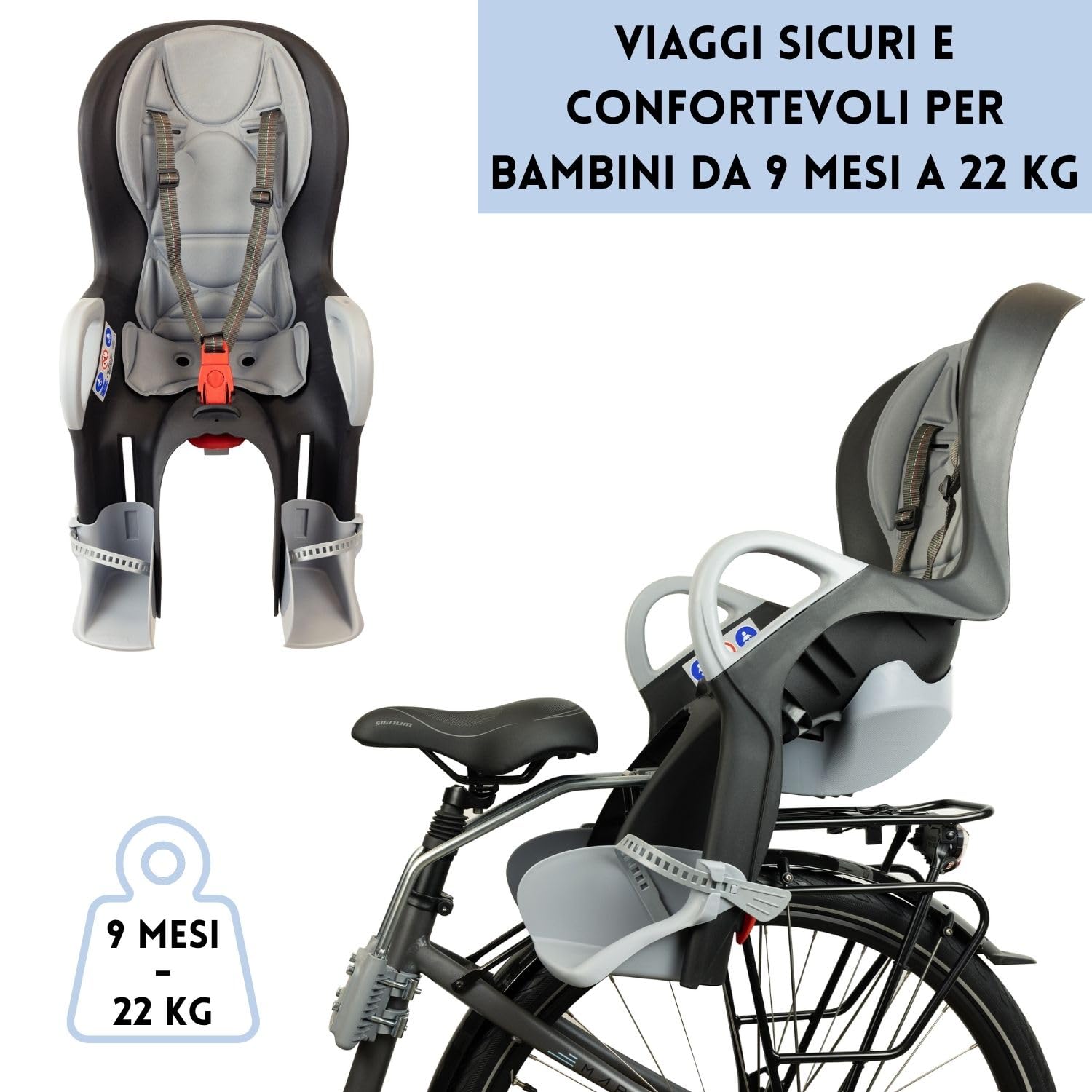Ok Baby Seggiolino Bici Bambino Posteriore Reclinabile 22 kg Nero | Schienale reclinabile, copertura antipioggia inclusa e sicurezza testata per gli spostamenti quotidiani in famiglia