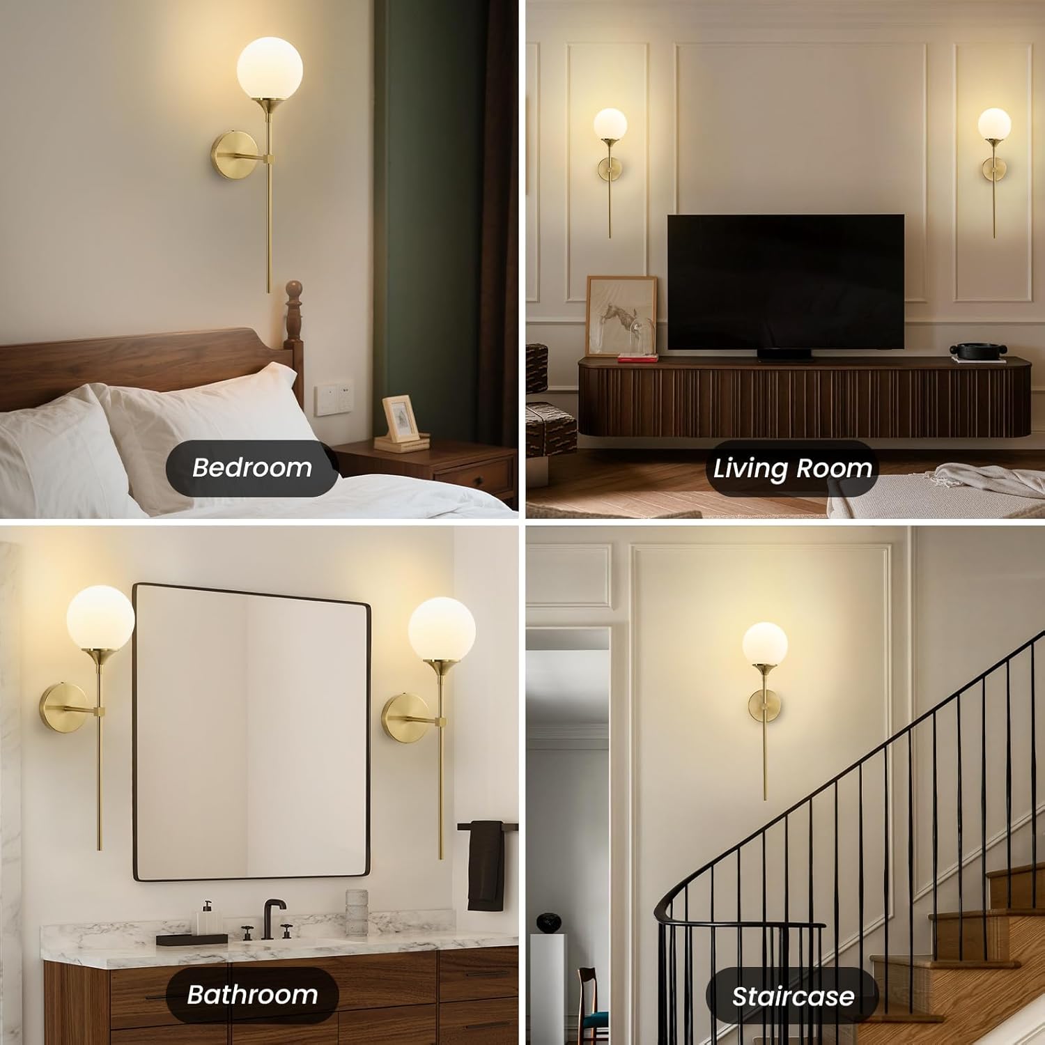 Mid Century Globe Wall Sconce - Set of 2 Modern Milk Glass Round Sconces - Brushed Brass Gold Light Fixtures with Dimmable Bulbs - Ball Indoor Lighting for Bathroom Bedroom Living Room Vanity Decor
