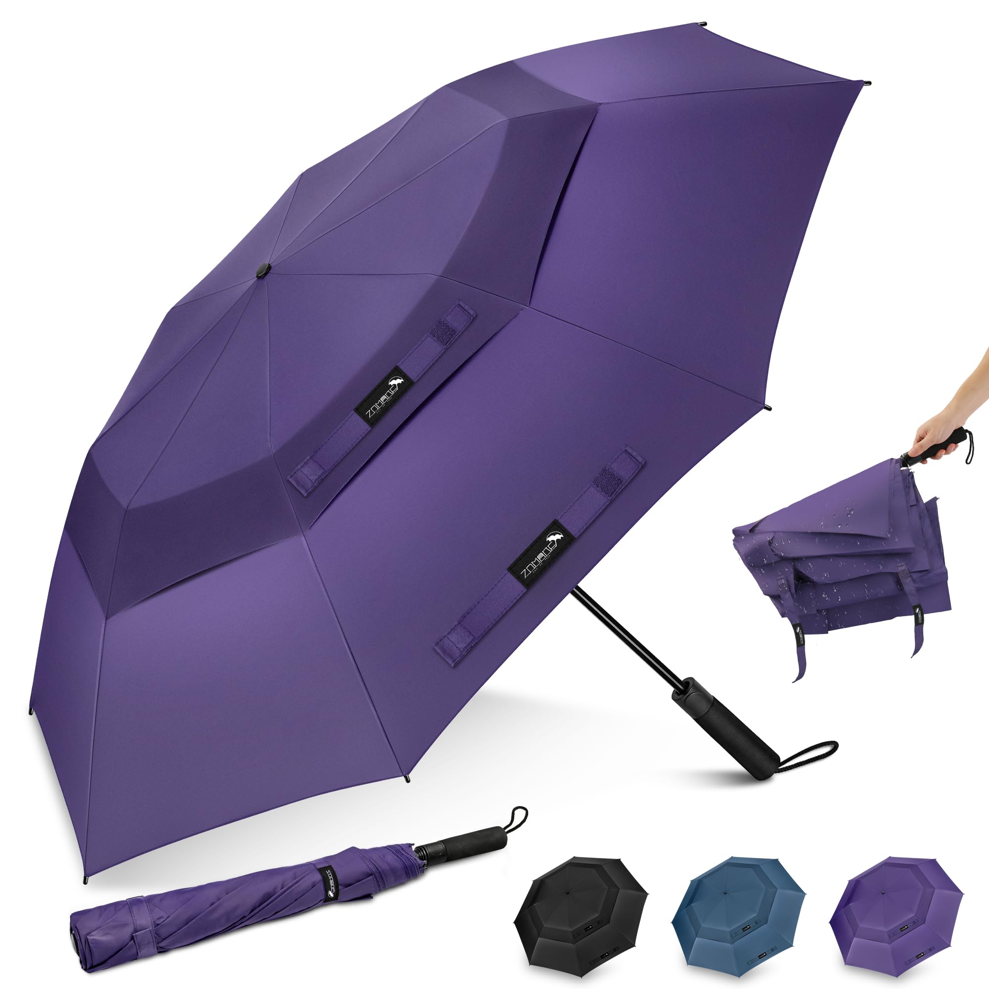 ZOMAKE Golf Umbrella Windproof and Rainproof 54in, Compact Large Umbrella, Big Folding Golfing Brolly Windproof Strong Double Canopy Unbreakable for Men Women (Purple)
