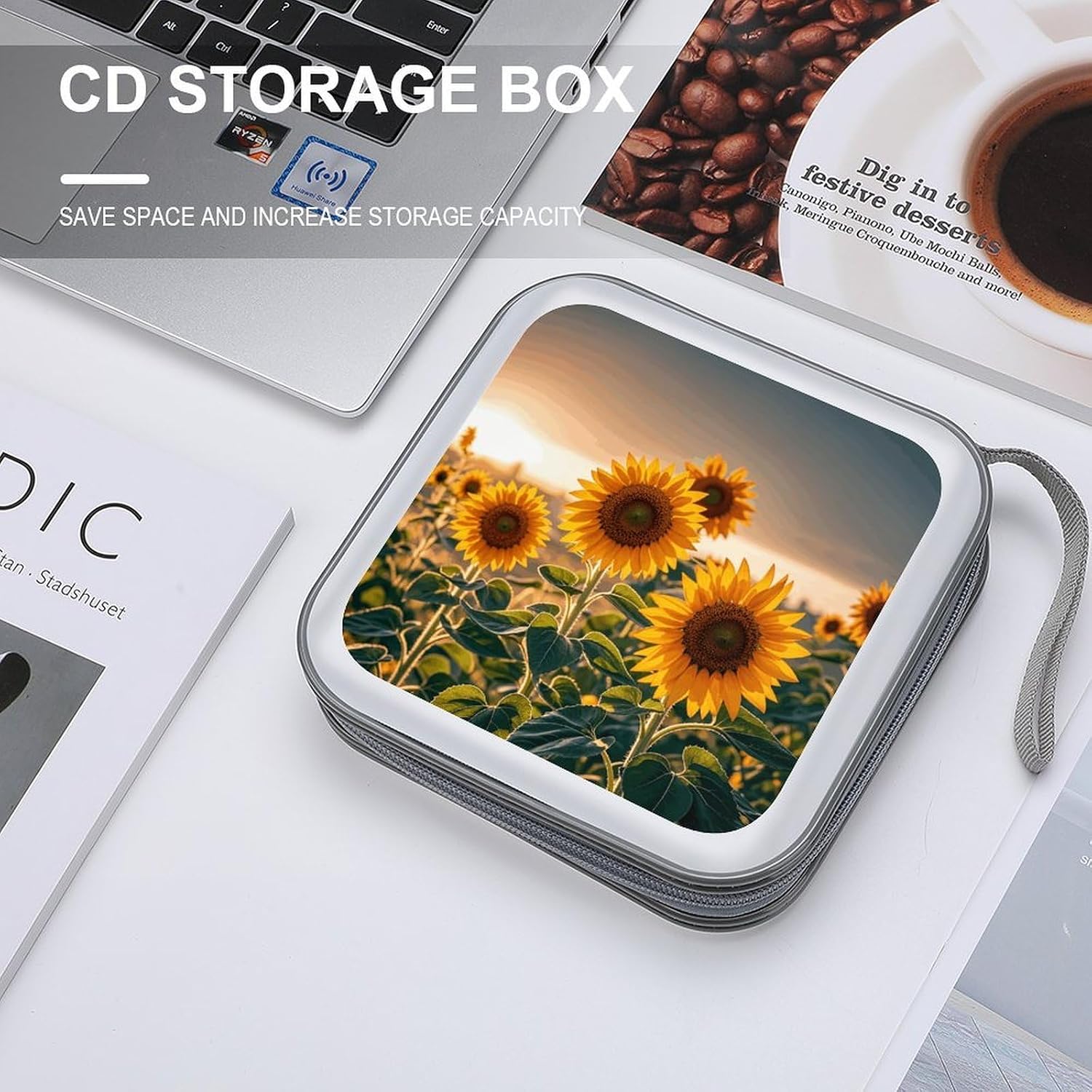 Sunflowers in The Weeds CD Case Wallet 40 Capacity, Durable Waterproof Plastic CD/DVD Storage Case with Handle & Zip Closure, Portable DVD Disc Cases for Car, Office, Travel