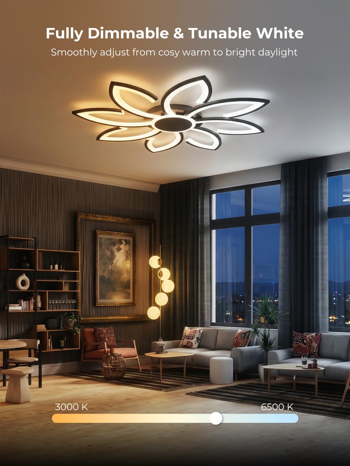 Smart LED Deckenleuchte Dimmbar 80cm, WiFi Deckenlampe Kompatibel mit Alexa/Google Home/Tuya, Modernes Blumen Design, 3000K-6500K CCT, App-Steuerung für Wohnzimmer Schlafzimmer, Schwarz