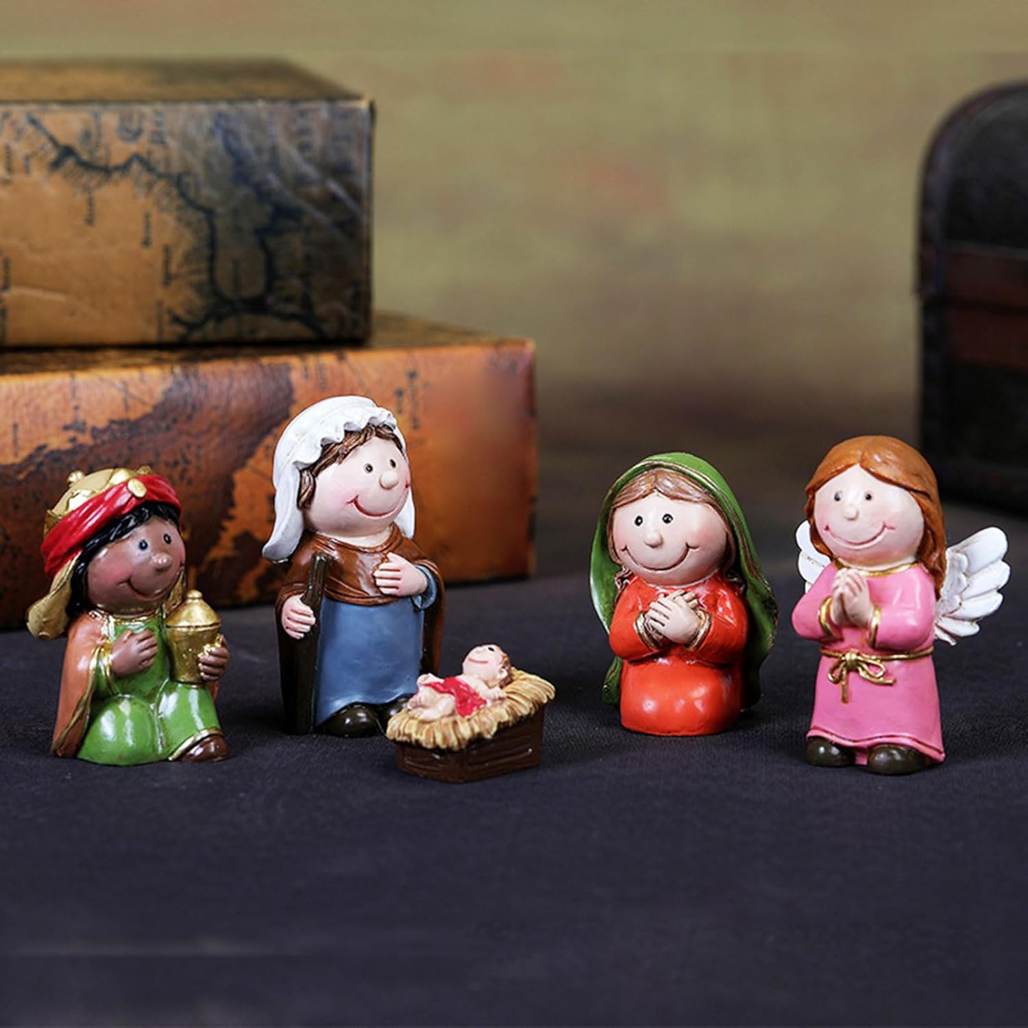 Resin Christmas Nativity Statue Figurines Set Small Resin Figures with LED Light for Indoor and Outdoor Decorations