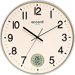 ACCORD CLOCKS 14-Inch Ana-Digital Luxury Wall Clock | Digital Temperature & Humidity Display | Gold Frame with Curved Glas Price In India