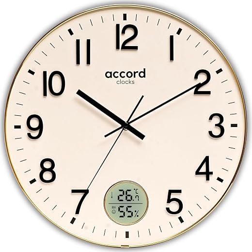 ACCORD CLOCKS 14-Inch Ana-Digital Luxury Wall Clock | Digital Temperature &amp; Humidity Display | Gold Frame with Curved Glas...