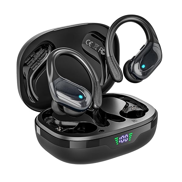 Wireless Earbuds, Sports Bluetooth Headphones, 80Hrs Playtime Ear Buds with LED Power Display, Noise Canceling Headset, IPX7 Waterproof Earphones for Workout/Running (Black)