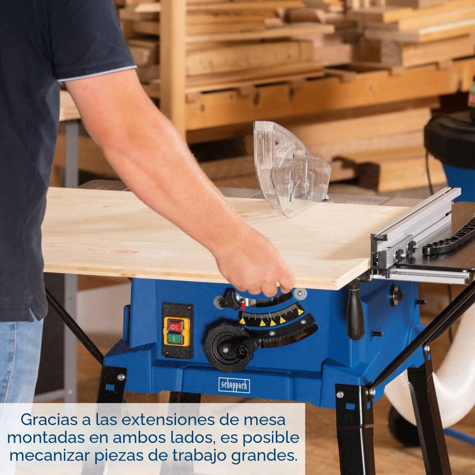 Sierra de mesa HS110 Scheppach - 230V 50Hz 2000W marca CEVIK | Altura de corte hasta 87 mm. Incluye protector de cuchilla, guía de esquina y guía paralela