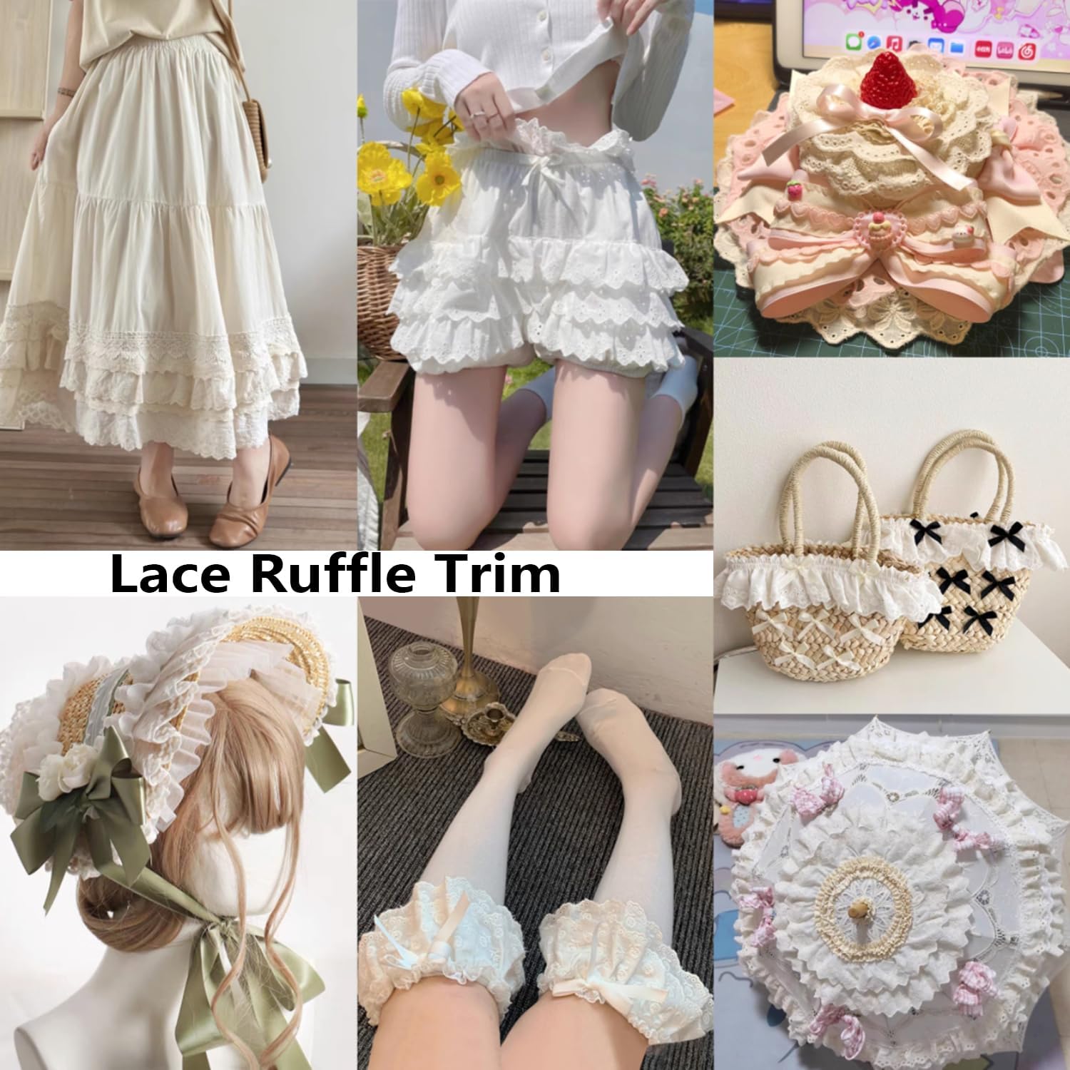 Eyelet Cotton Lace Trim Beige Embroidery Flower Ruffle Ribbon Pleated Edge Trim for Cuffs Skirt Dress Sewing DIY Material, 196.85 inch Length