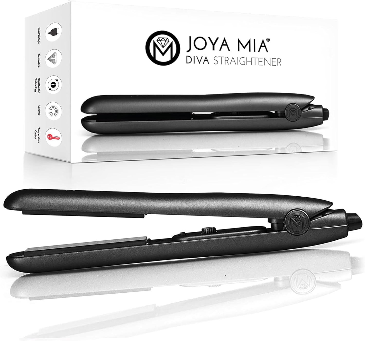 JOYA MIA Diva 1" Ceramic Hair Straightener - Portable, Lightweight & Compact Flat Iron with Rubberized Coating & Automatic Shut-Off, Travel-Friendly, for All Hair Types - Heats Up to 450F, Black
