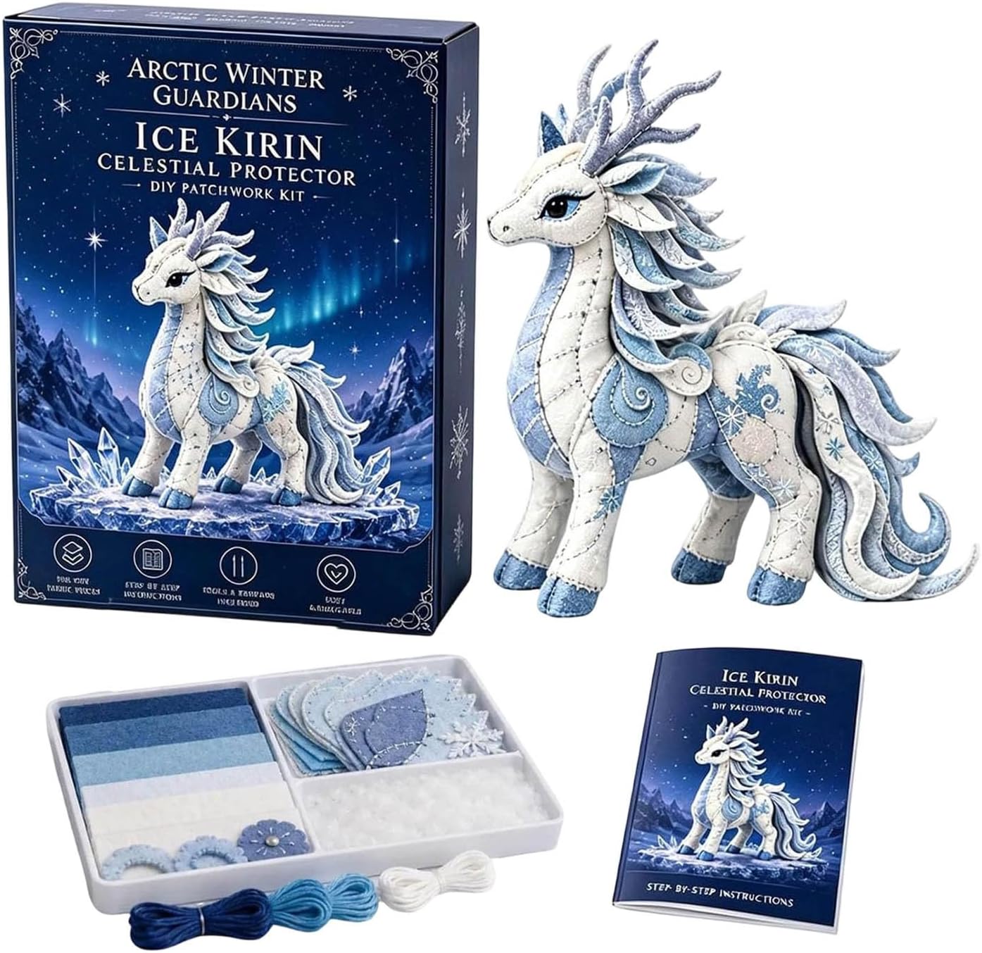 DIY Patchwork Kit, Felt Animal Sewing Kit for Beginners, 3D Stuffed Animals Mythical Creature, Pre-Cut Handmade Craft Kit for Home Decor & Creative Gift,Blue Qilin
