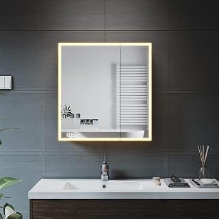 LED Illuminated Bathroom Mirror Cabinet with Bluetooth Speaker Modern 2 Door Wall Mounted Bathroom Cabinet Stainless Steel Storage Cupboard with Shaver Socket 600 x 630mm
