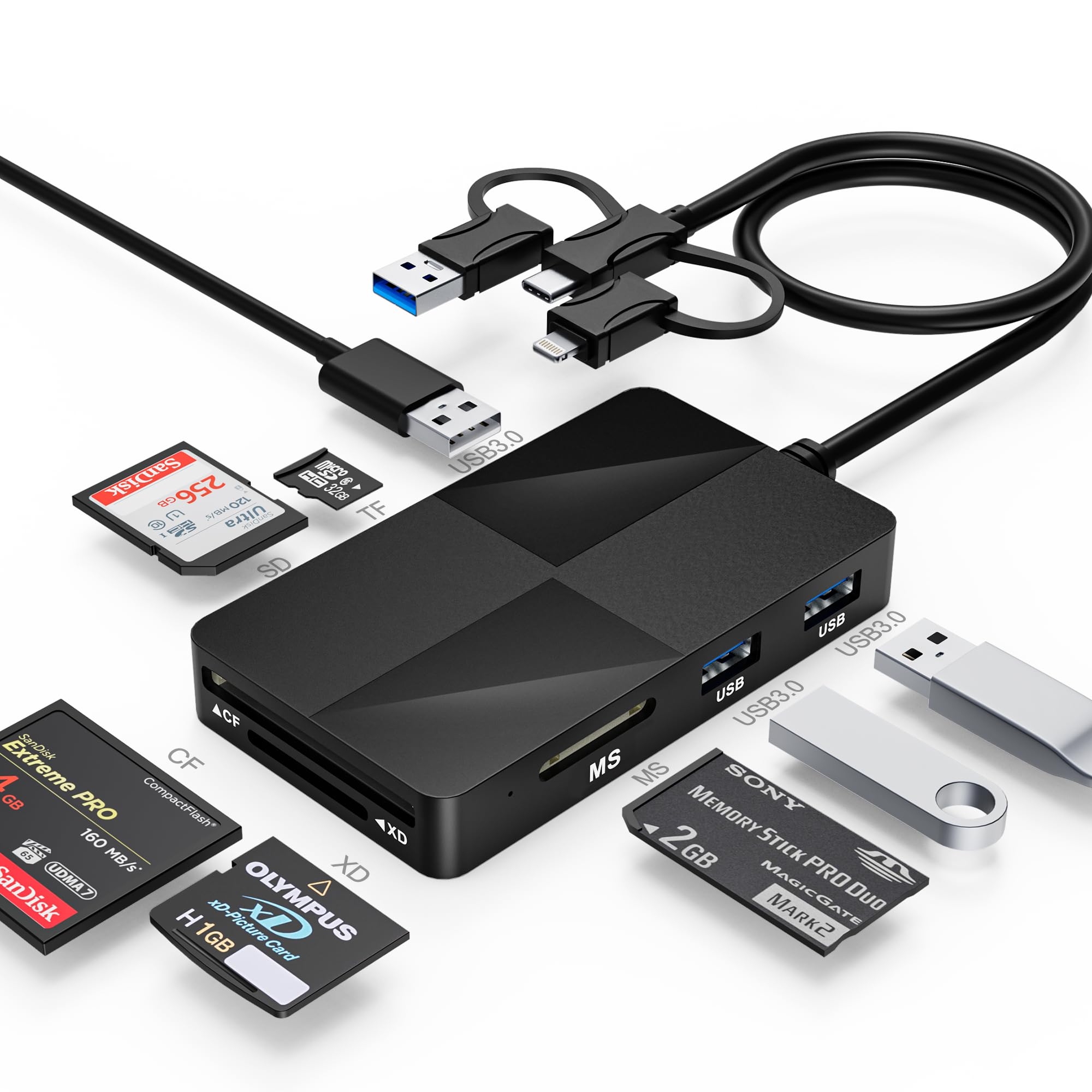 Bawanfa Plus Compact Flash Card Reader Memory Stick Pro Duo Reader with Extra 3 USB 3.0 Ports, 8 in 1 XD SD Card Reader for iPhone16 15 14 iPad Android, USB OTG Adapter Read 5 Cards Simultaneous