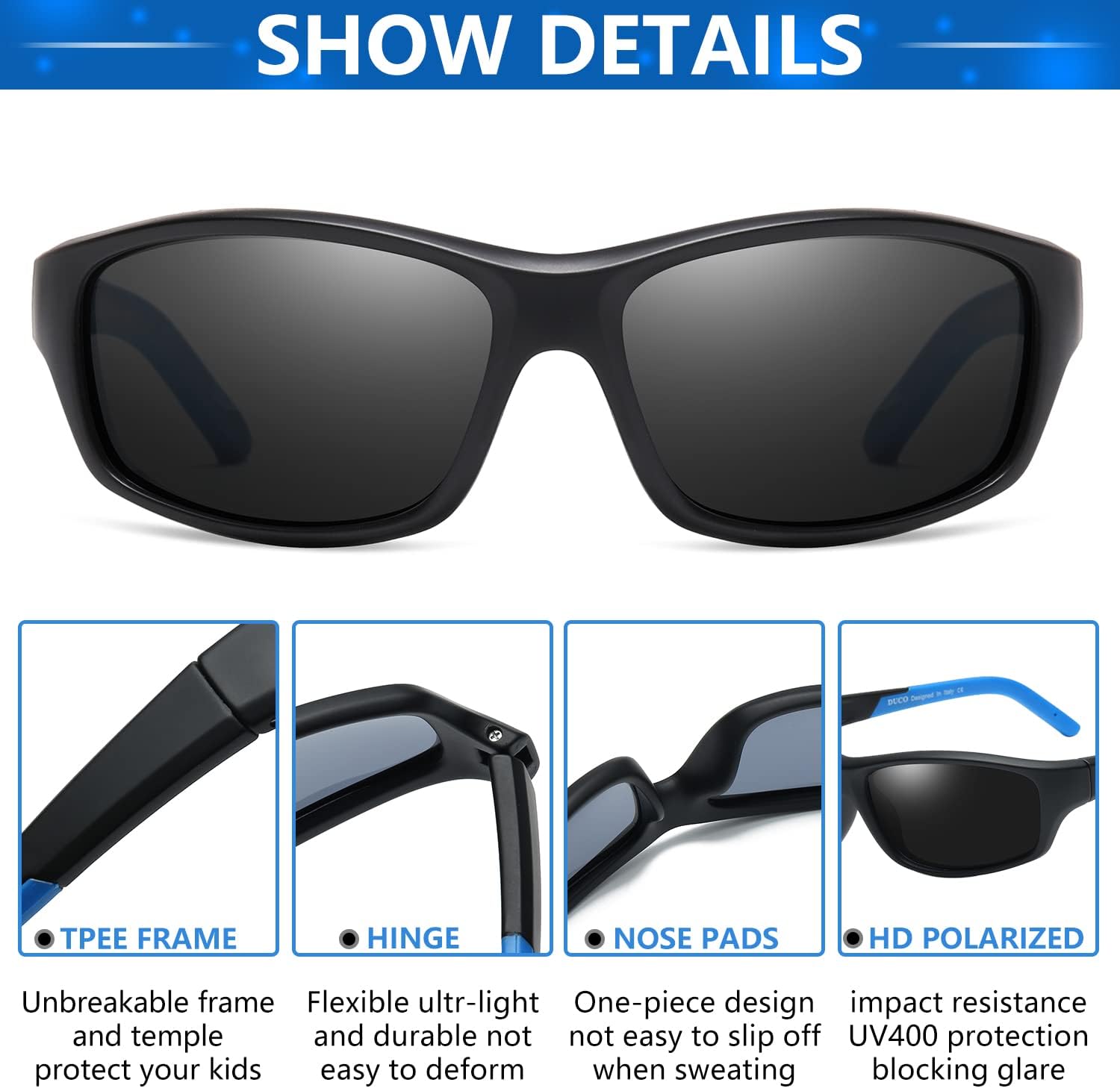 DUCO Polarized Sports Kids Sunglasses with Case, UV400 for Boys Girls 6-10 image 4