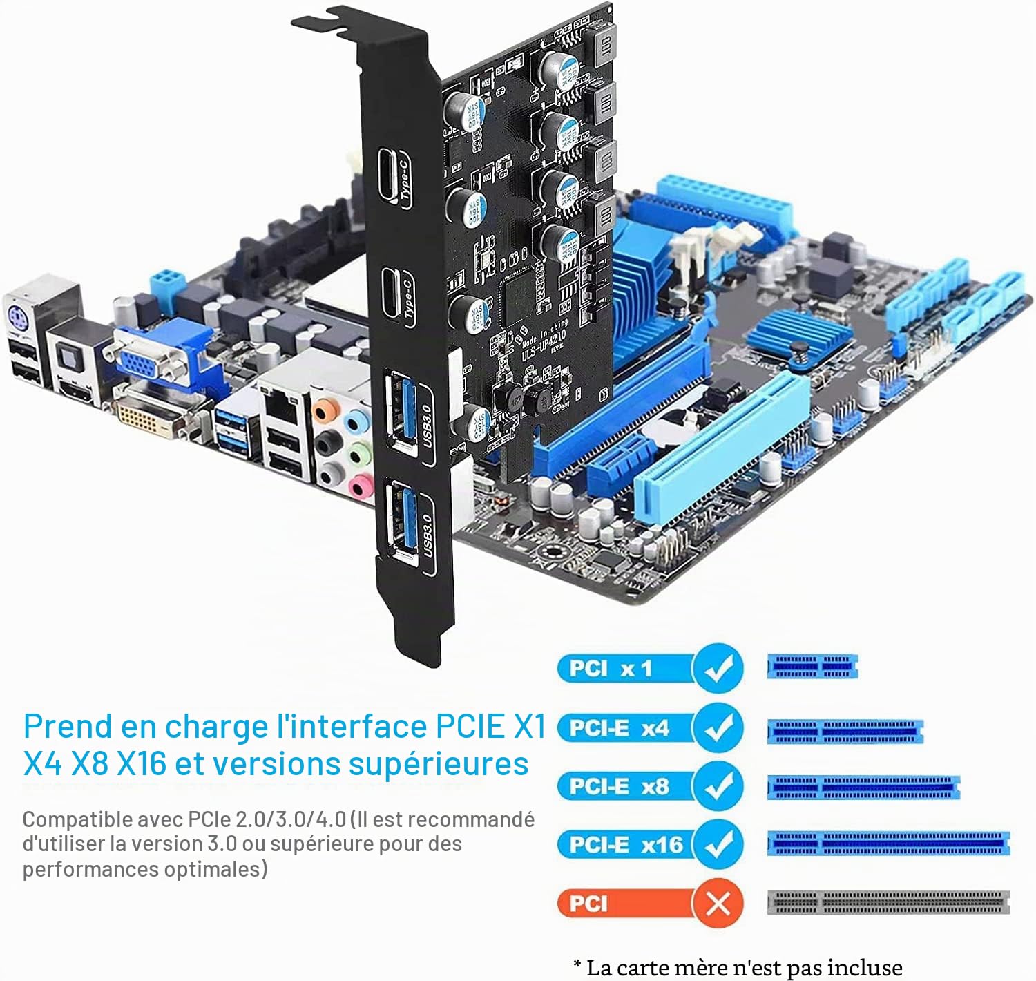 Carte d'extension USB 3.0 PCIe 4 Ports(2X Type C, 2X Type A), Carte Pci Express USB 3.0 5 Gbit/s pour PC de Bureau