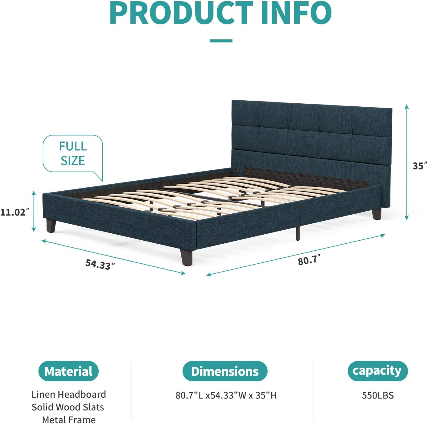 mecor Upholstered Linen Full Platform Bed Metal Frame/Mattress Foundation with Wood Slats/Tufted Square Stitched Fabric Headboard/Easy Assembly - Blue Cloth, Full