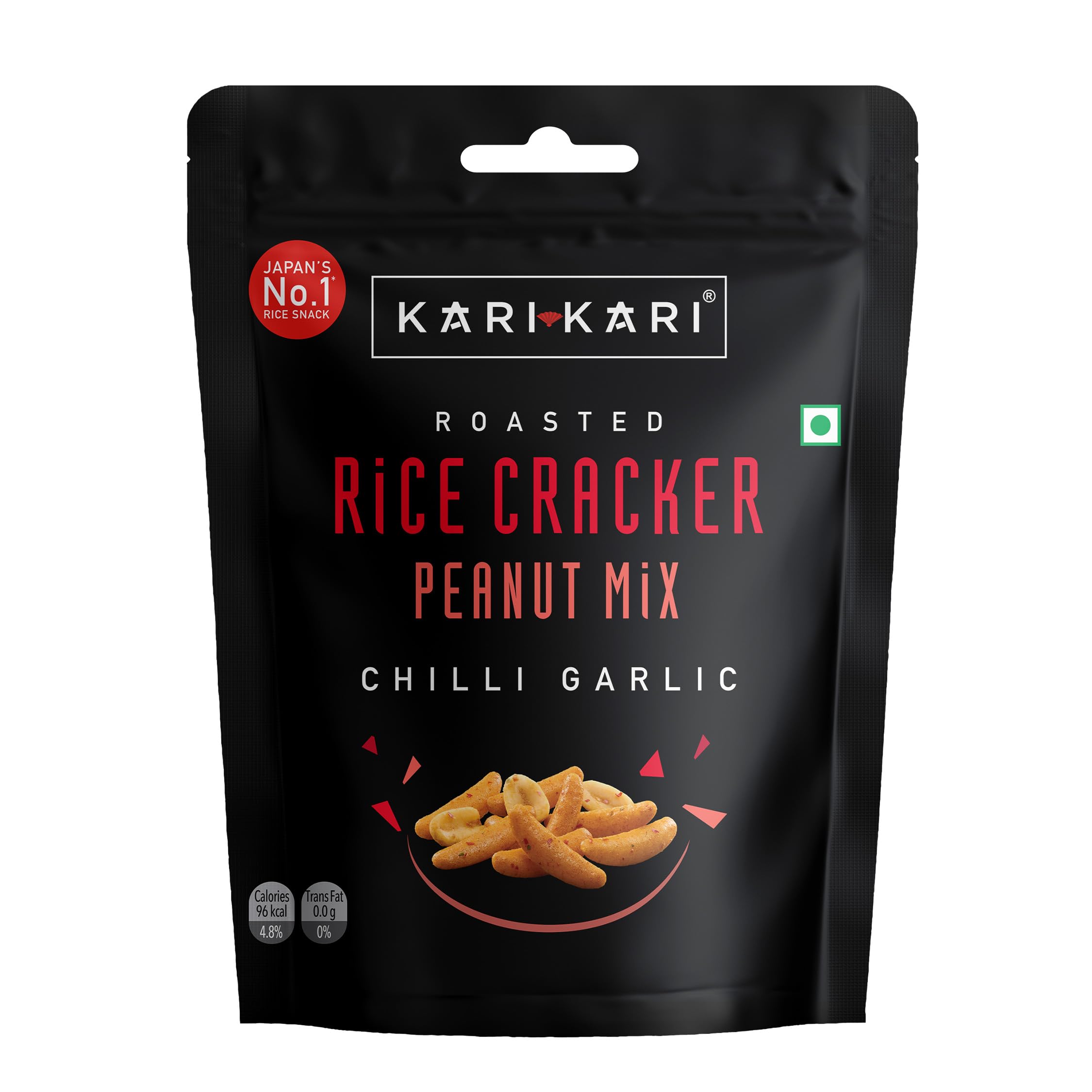Kari Kari Chilli Garlic Rice Cracker & Peanut Mix | Crunchy Japanese Snacks | Roasted, Non-Fried | Healthy Snacks | 100% Vegetarian | Party Snacks (50g x Pack of 1)