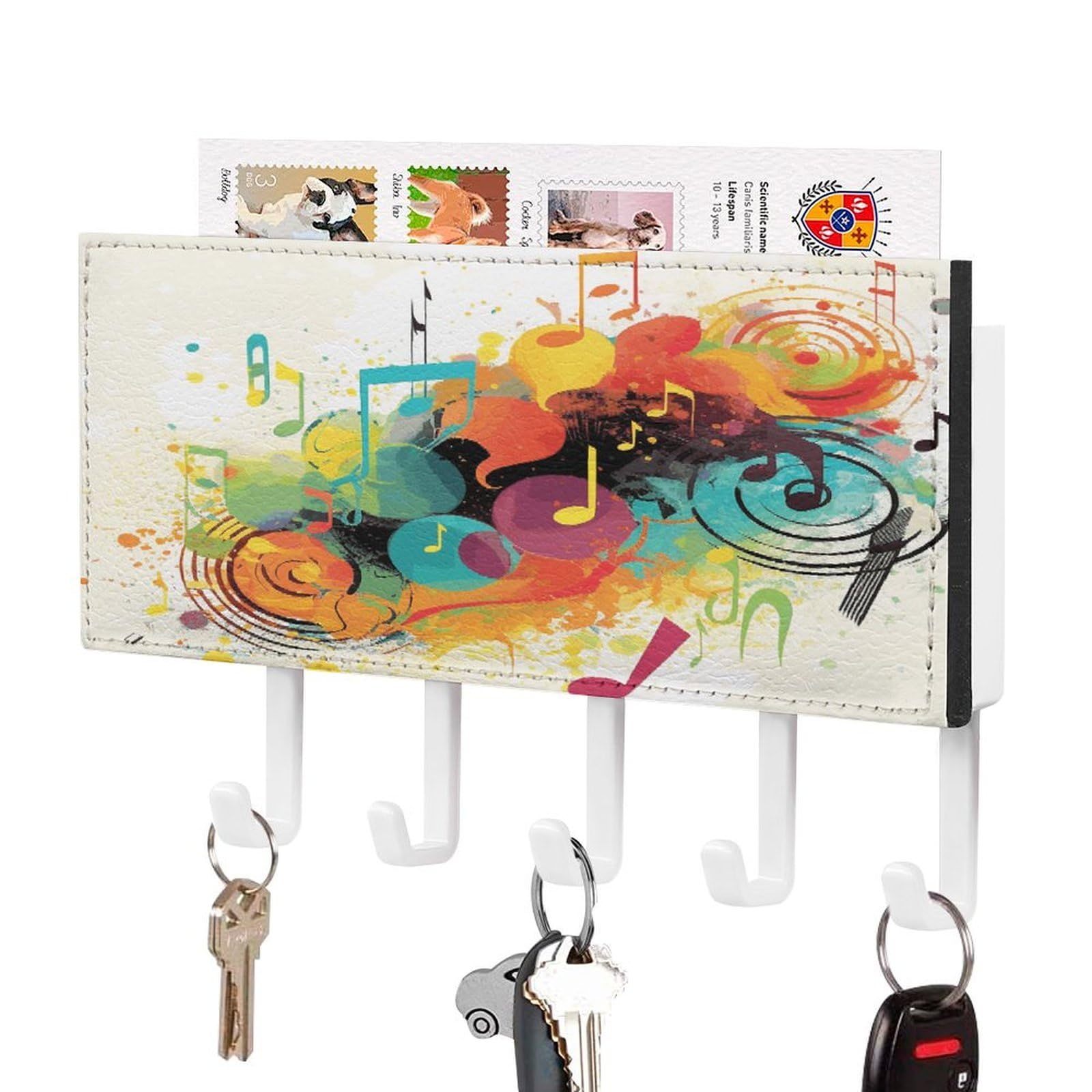 FekiLoot Abstract Music Themed Key Holder Wall Mount Key and Mail Holder Key Hanger with 5 Hooks Decorative PU Key Rack Hanging Key Hooks for Wall Living Room Kitchen Bathroom Hallway White-Style