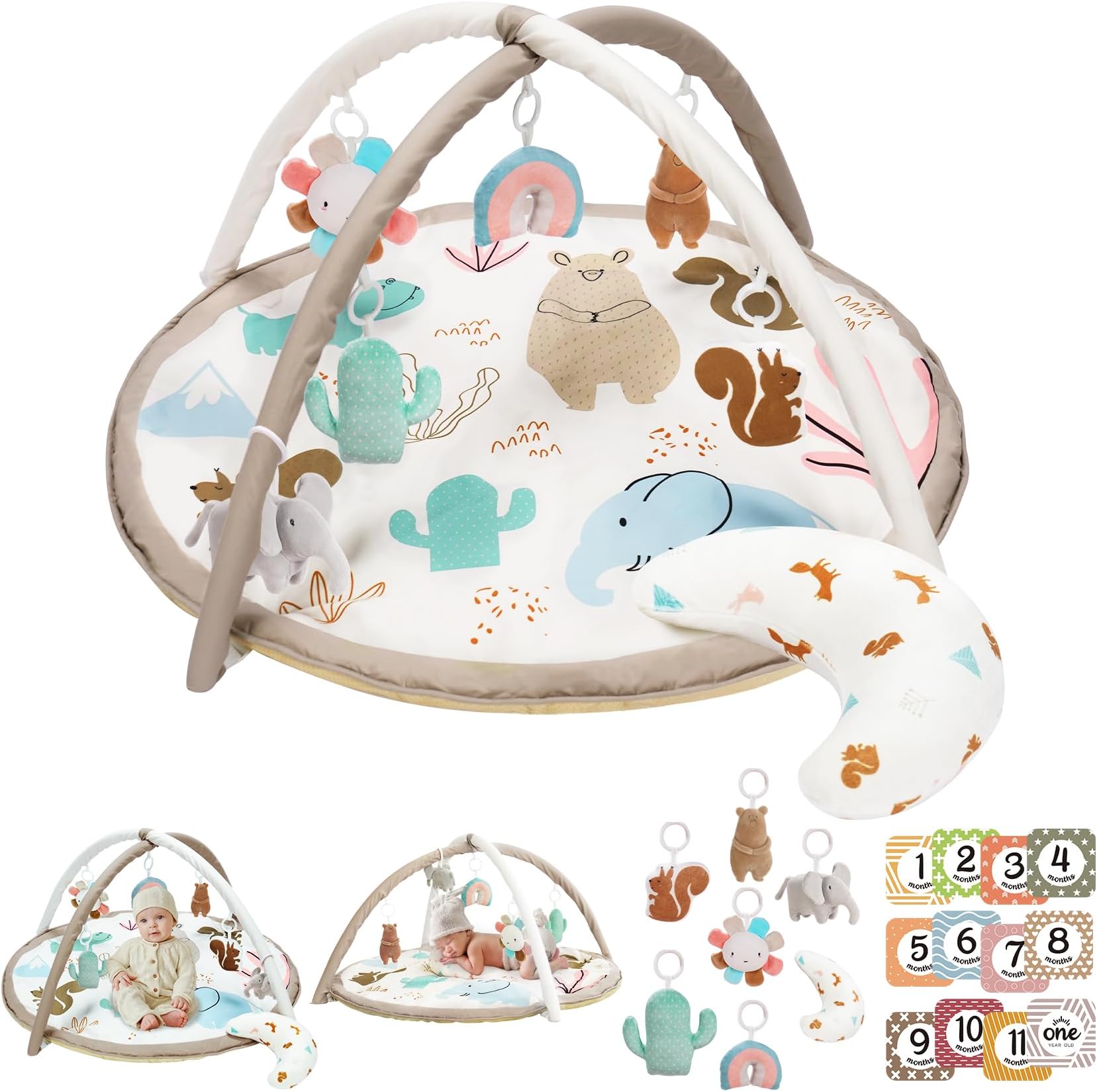 Little Tikes Baby Play Gym with 7 Toys and 12 Milestone Cards, Velvet Fabric Tummy Time Pillow, Animal Design Tummy Time Mat, Non Slip, Washable
