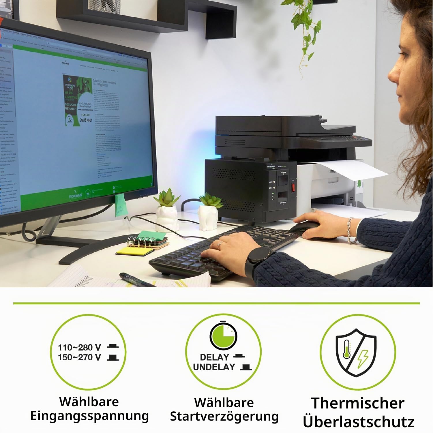 Tecnoware Power Systems Spannungsstabilisator 2000VA für Modem, Router, PC und kleine elektronische Geräte, schützt vor Stromschwankungen, ist kein USV, einsatzbereit