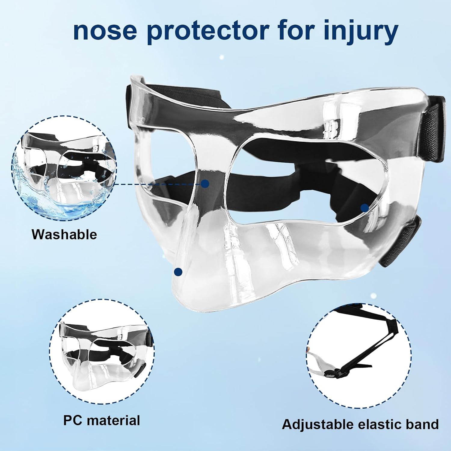 Nose Guard for Broken Nose, Sports Face Shield Masks with Foam Padding, Adjustable Clear Face Guard, Nose & Cheek Protection for Soccer and Basketball Sports, One Size Suitable for Men and Women