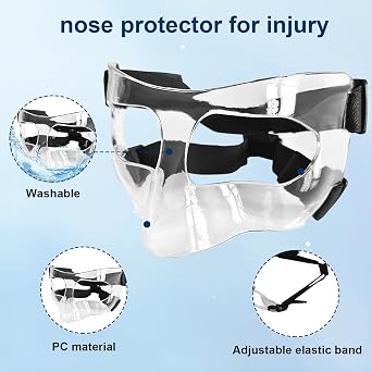 Nose Guard for Broken Nose, Sports Face Shield Masks with Foam Padding, Adjustable Clear Face Guard, Nose & Cheek Protection for Soccer and Basketball Sports, One Size Suitable for Men and Women
