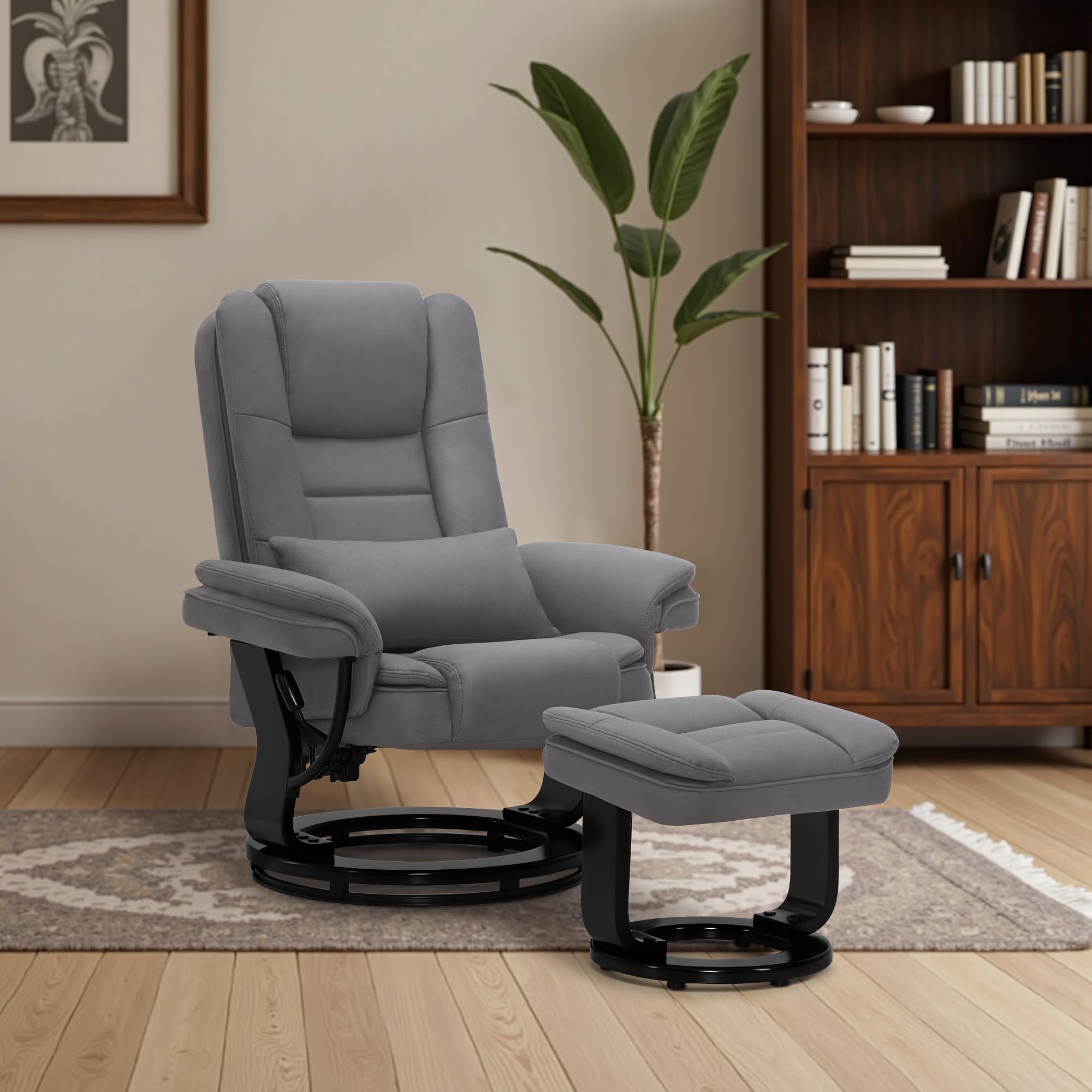 M MCombo Relaxsessel mit Liegefunktion, Lesesessel, 360° Drehbarer Fernsehsessel, mit Hocker, mit Kissen & Seitentasche, bis 120 Kg Belastbarer TV-Sessel für Wohnzimmer, 9099 (Mikrofaser, Grau)