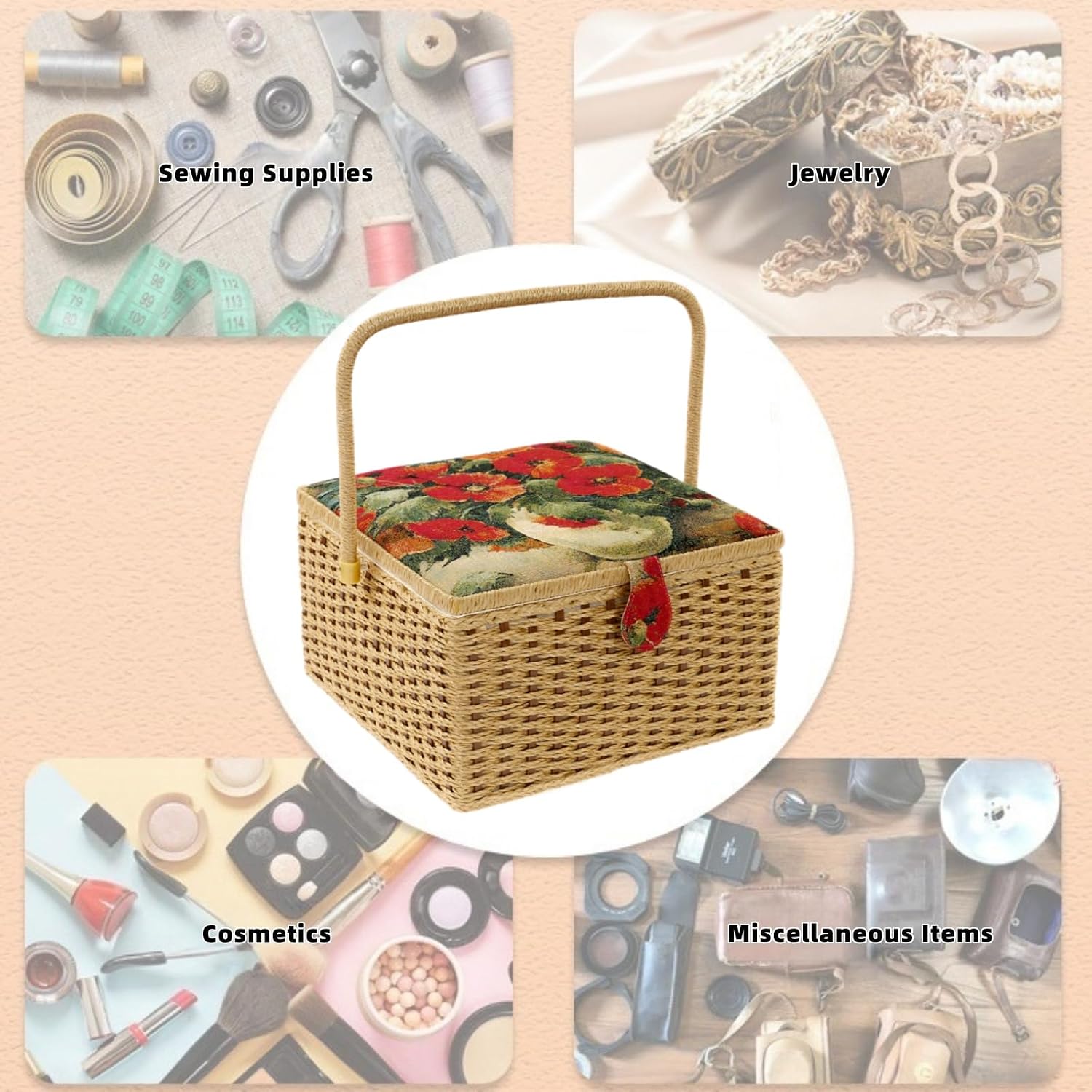 Sewing Basket with Floral Print, Large Sewing Kit Storage Box with Removable Tray, Built-In Pin Cushion and Interior Pocket for Sewing Supplies - 12.4" x 12.4" x 7.5", No Accessories