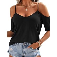 Eachyes Womens Summer Cold Shoulder Tops Low Back Short Sleeve V Neck T Shirts Sexy Casual