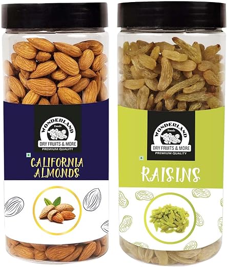 WONDERLAND FOODS (DEVICE) 1Kg (500g X 2) Premium Dry Fruits Combo Pack of California Almonds (NP) + Raisin Reusable Jar