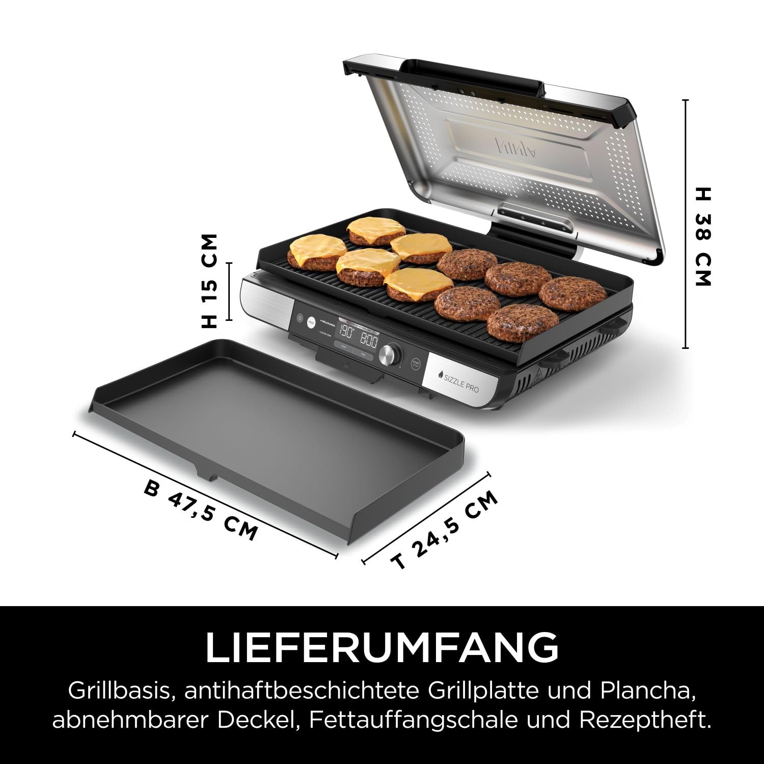 Ninja Sizzle Pro XL Indoor-Grill & Plancha GX101EU, Keramikbeschichtung, abnehmbarer Deckel, Silber/Schwarz