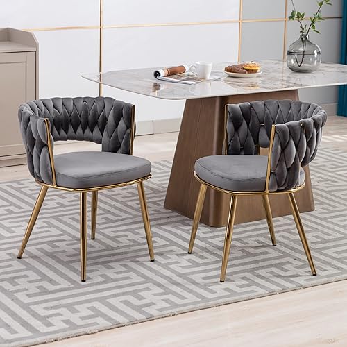 Miniatura 2 de KCC Juego de 4 sillas de comedor de terciopelo, sillas de comedor modernas doradas con patas de metal, sillas de comedor tapizadas tejidas para