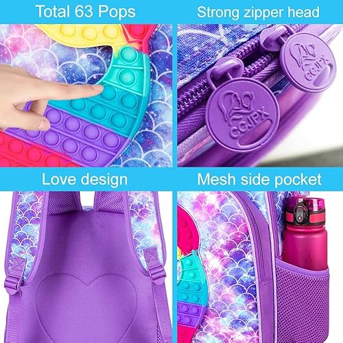Miniatura 5 de CCJPX Mochila infantil de 3 piezas para niños y niñas, 16 unicornios, sirena, dinosaurio, preescolar, bolsa de libros y lonchera, Pescado Púrpura,