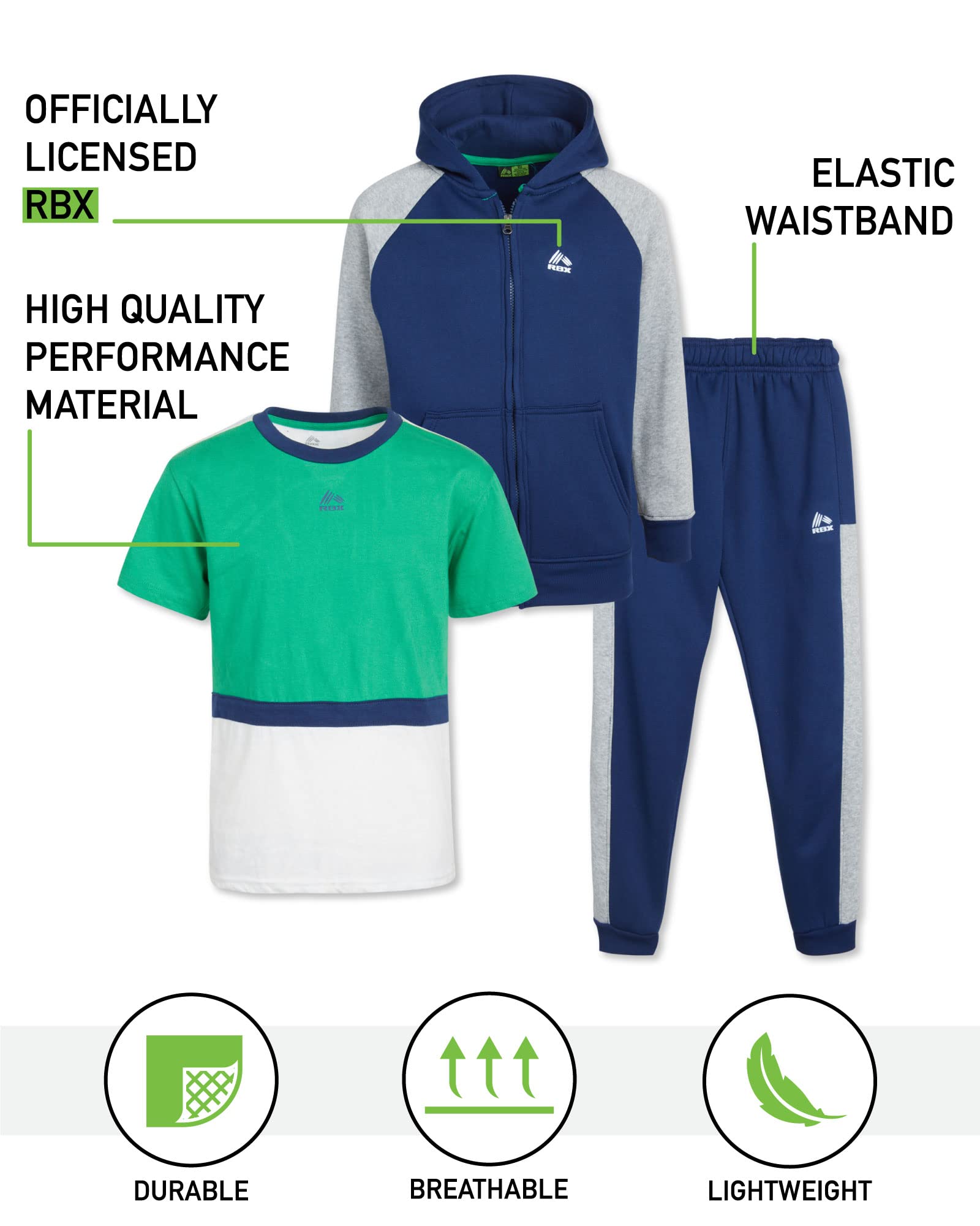 RBX Ensemble pantalon de survêtement 3 pièces pour garçon – Chandail à capuche en polaire, chemise athlétique et pantalon de jogging pour enfants (4-12)