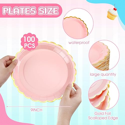 Miniatura 3 de 100 platos de papel festoneado con borde dorado, platos desechables de 9 pulgadas, platos decorativos festoneados, platos de postre de papel para
