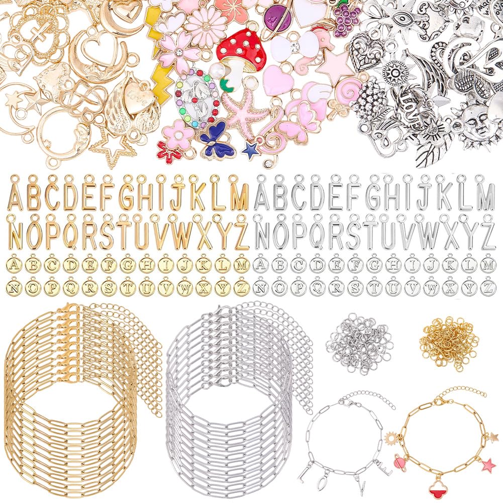 464 Stück Charm Armband Making Kit 20 Stück Silber und Silber Büroklammerkette Armband Buchstaben Herz Himmelskörper Charm mit Springring Komplette Schmuck Herstellung Zubehör